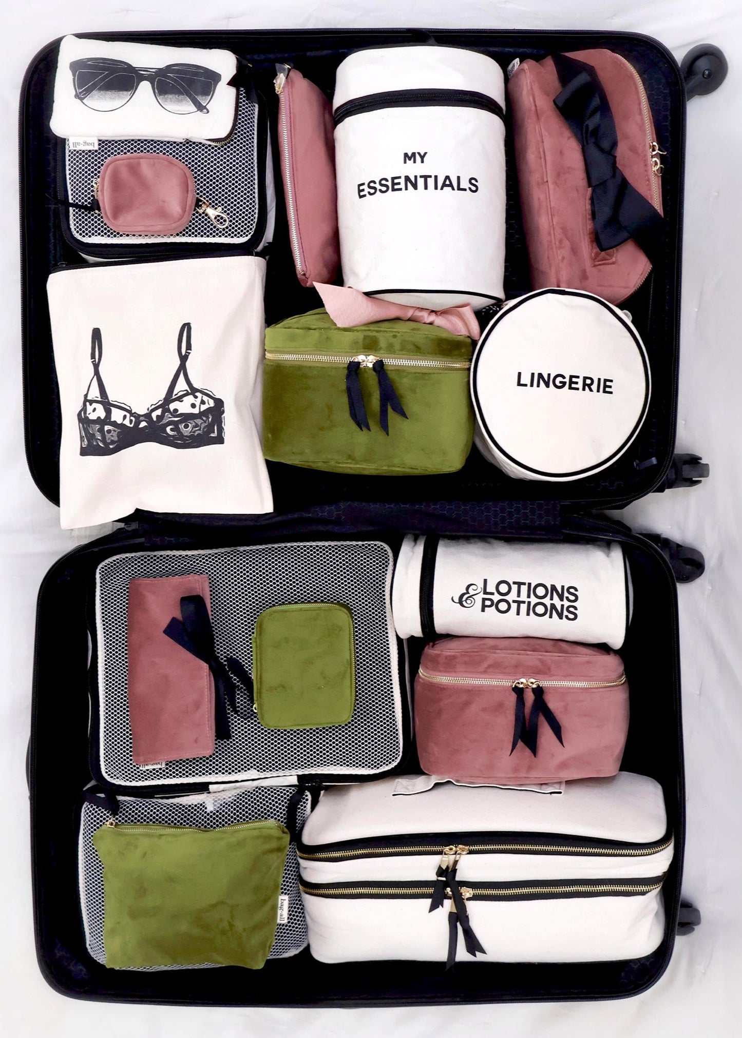 Bag-all pink velvet earbud case with gold clasp and zipper, a stylish protective accessory for keeping AirPods secure and easily accessible while traveling or on-the-go