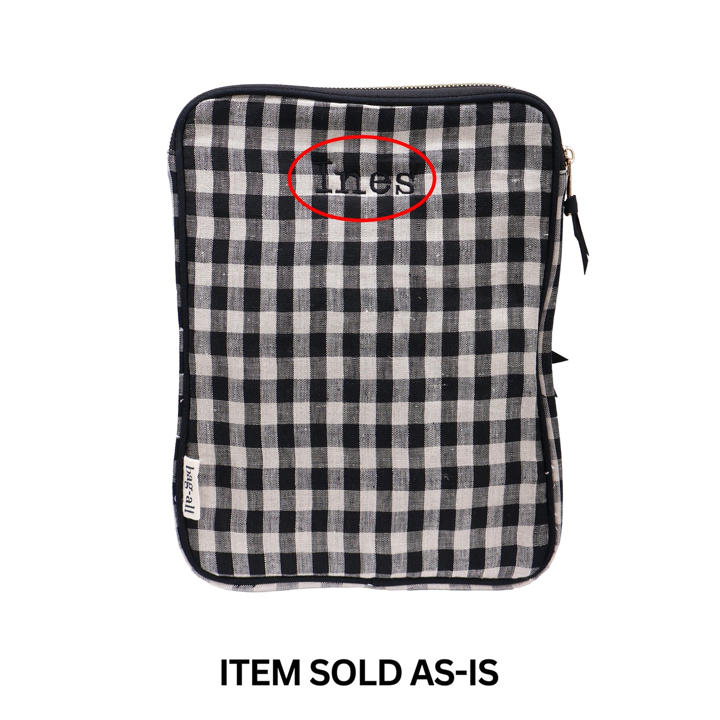 Bag-all black and white gingham tablet sleeve with zipper and misspelled monogram final sale item sold as-is