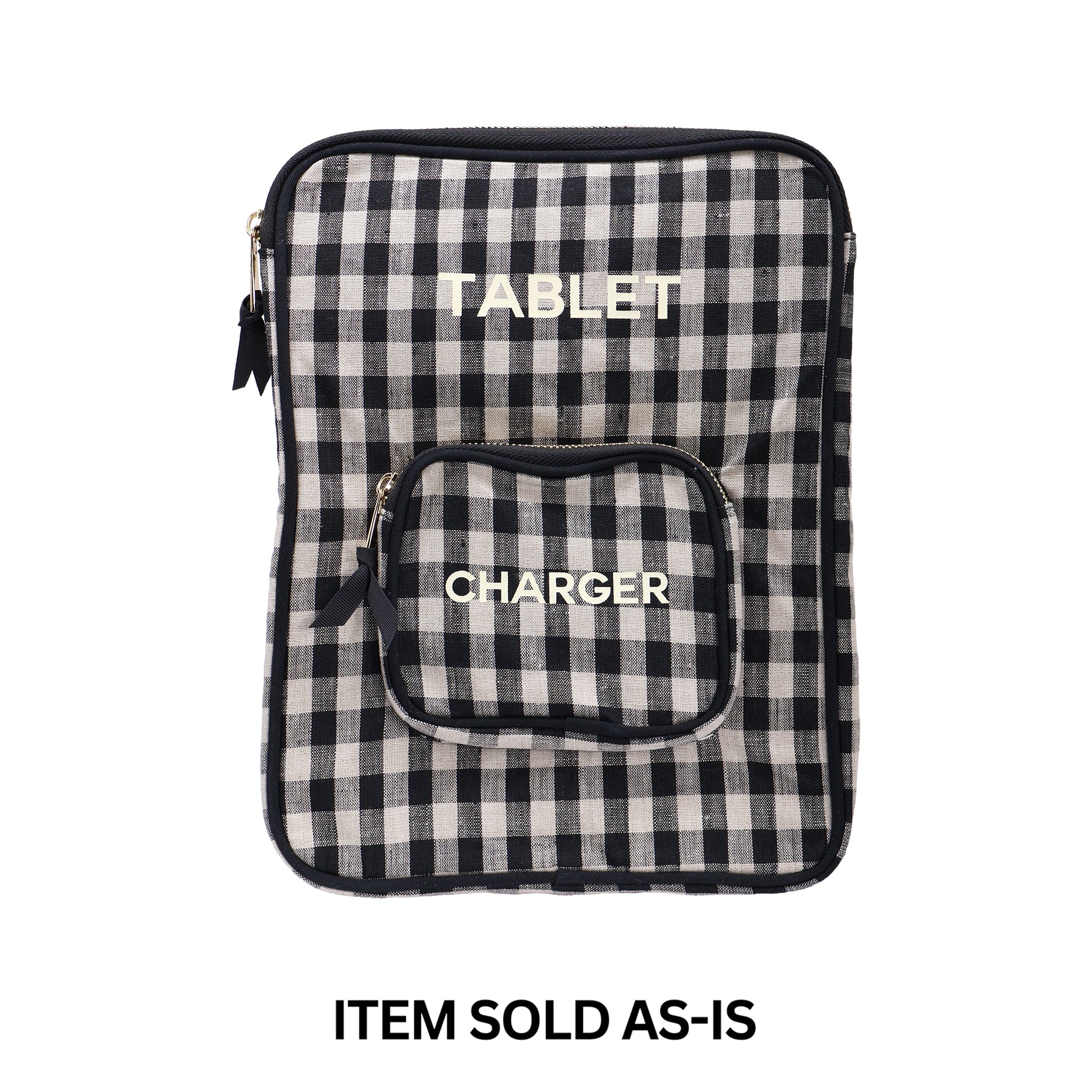 Bag-all black and white gingham tablet case with charger pocket and white text final sale item sold as-is