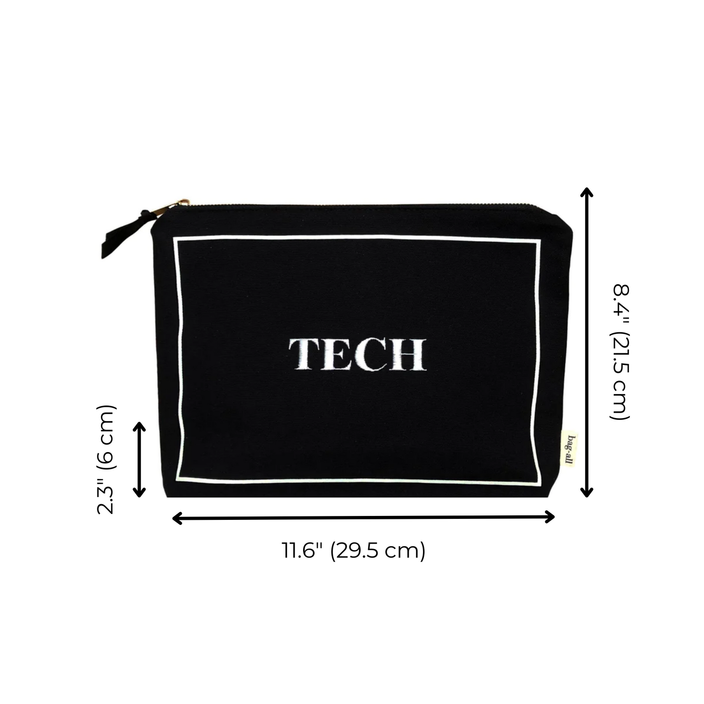 Bag-all Tech Pouch in Black - Sleek organizing case with white border detail, measuring 11.6 x 8.4 inches, perfect for storing chargers and gadgets with laminated interior
