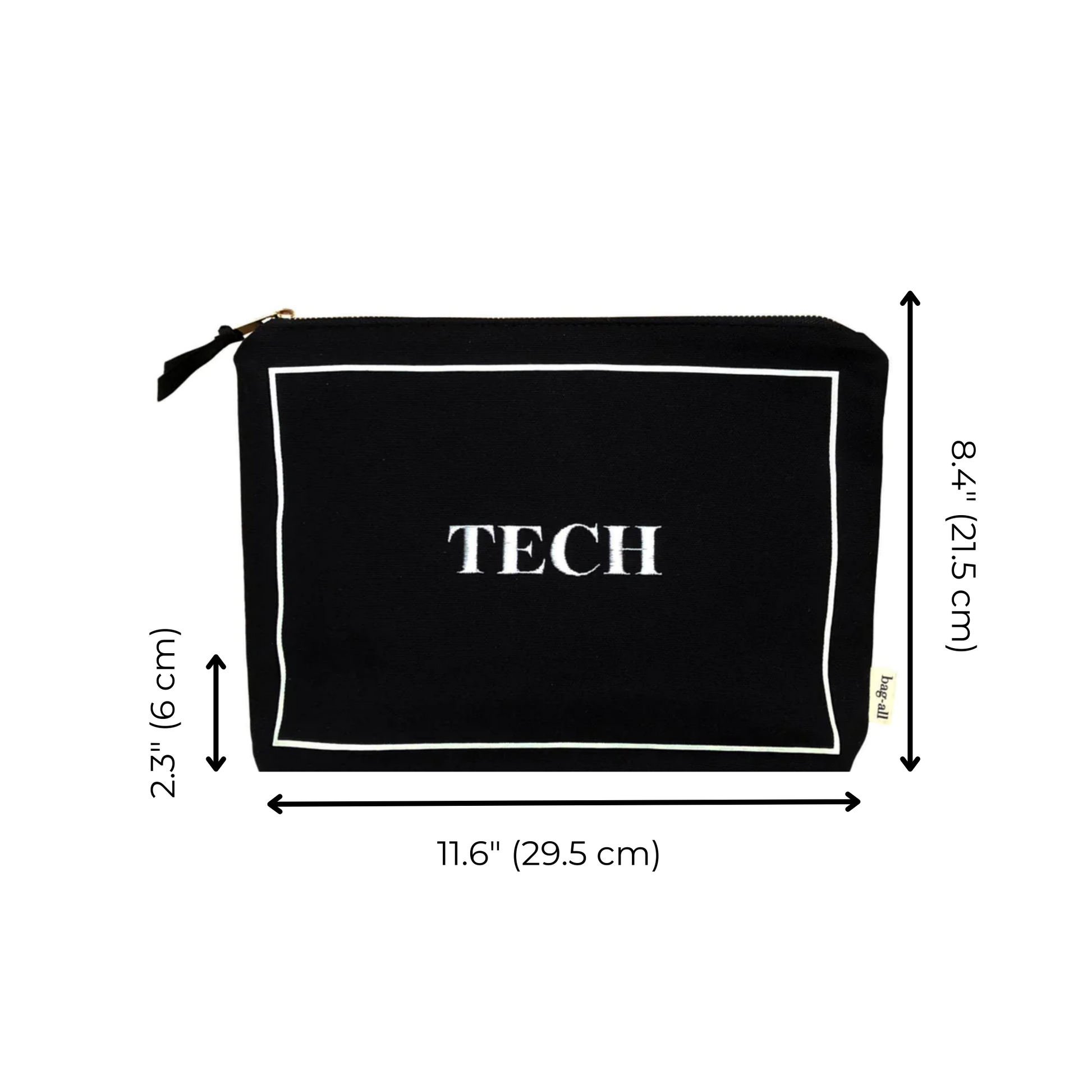 Bag-all Tech Pouch in Black - Sleek organizing case with white border detail, measuring 11.6 x 8.4 inches, perfect for storing chargers and gadgets with laminated interior
