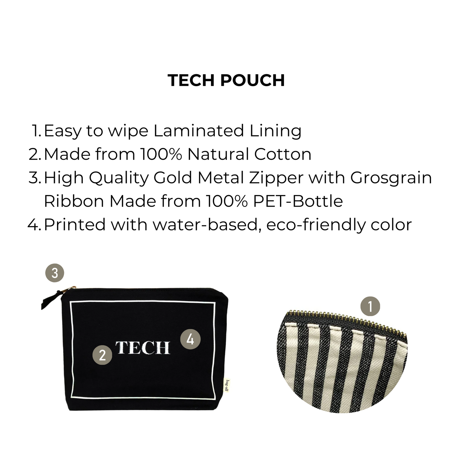 Bag-all Tech Pouch in Black with laminated lining, natural cotton construction, featuring gold zipper and eco-friendly print. Perfect for organizing chargers and gadgets while traveling or at home.