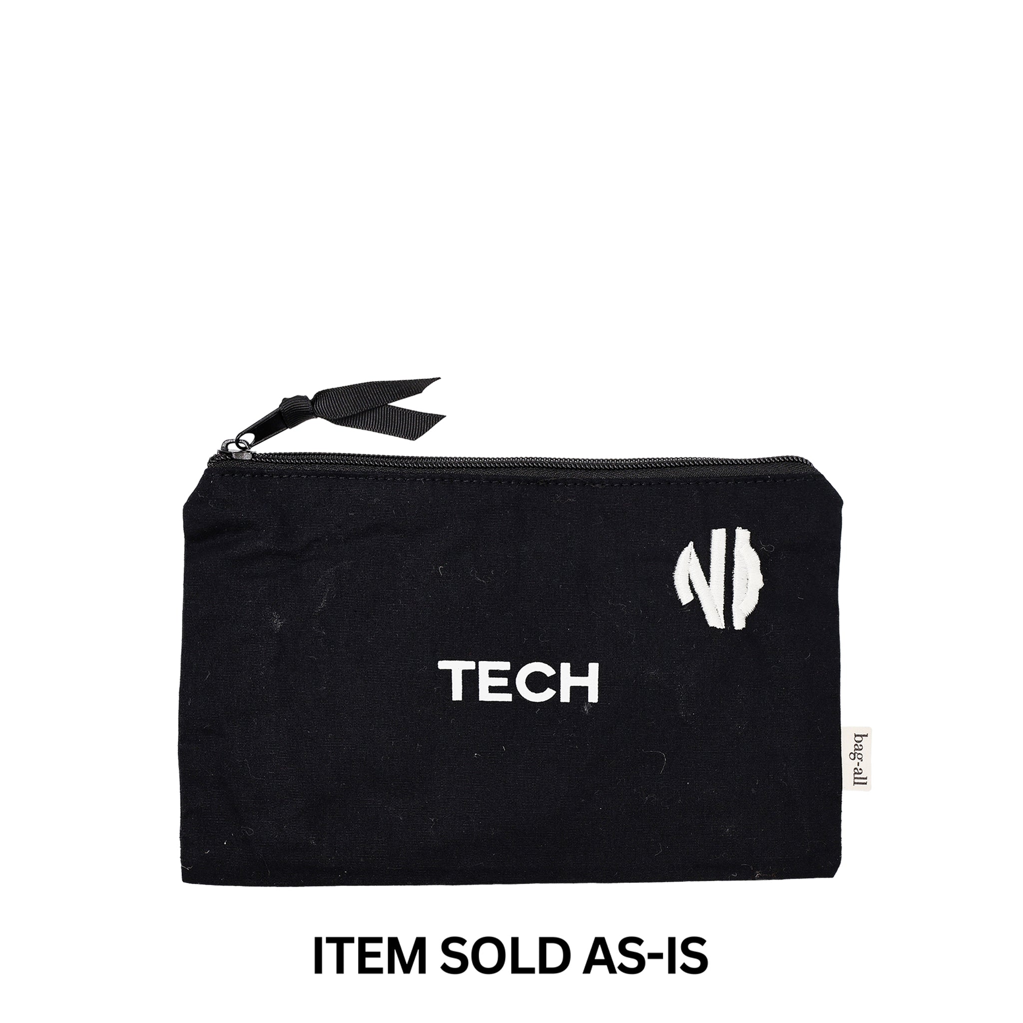 Black Travel Tech Pouch with faulty white "ND" monogram, zipper closure, Bag-all FINAL SALE item sold as-is.