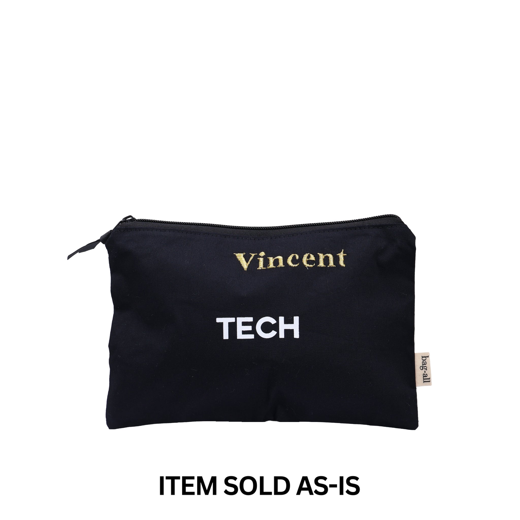 Bag-all black travel tech pouch with zipper and custom gold and white monogram final sale item sold as-is