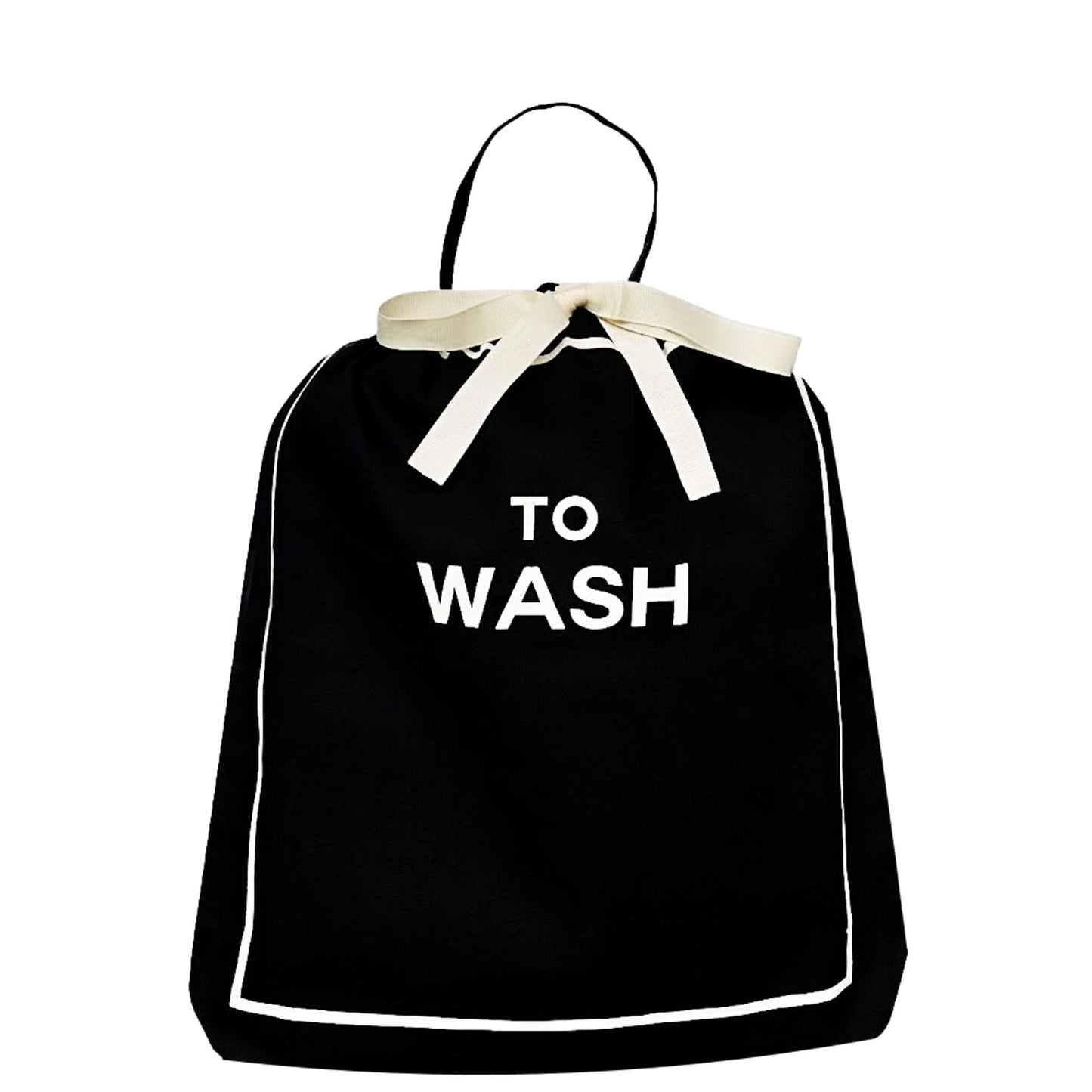 Bag-all To Wash black cotton laundry bag with cream bow and handles, featuring white text print and elegant contrast piping for organized laundry storage