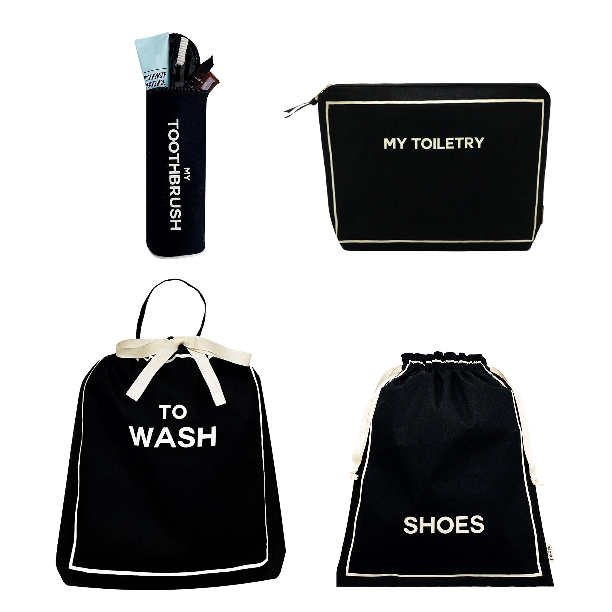 Bag-all Toiletry Travel Gift Set Deal 4-Pack in black featuring toothbrush case, toiletry pouch, shoe bag and wash bag with white text and trim, perfect for organized travel
