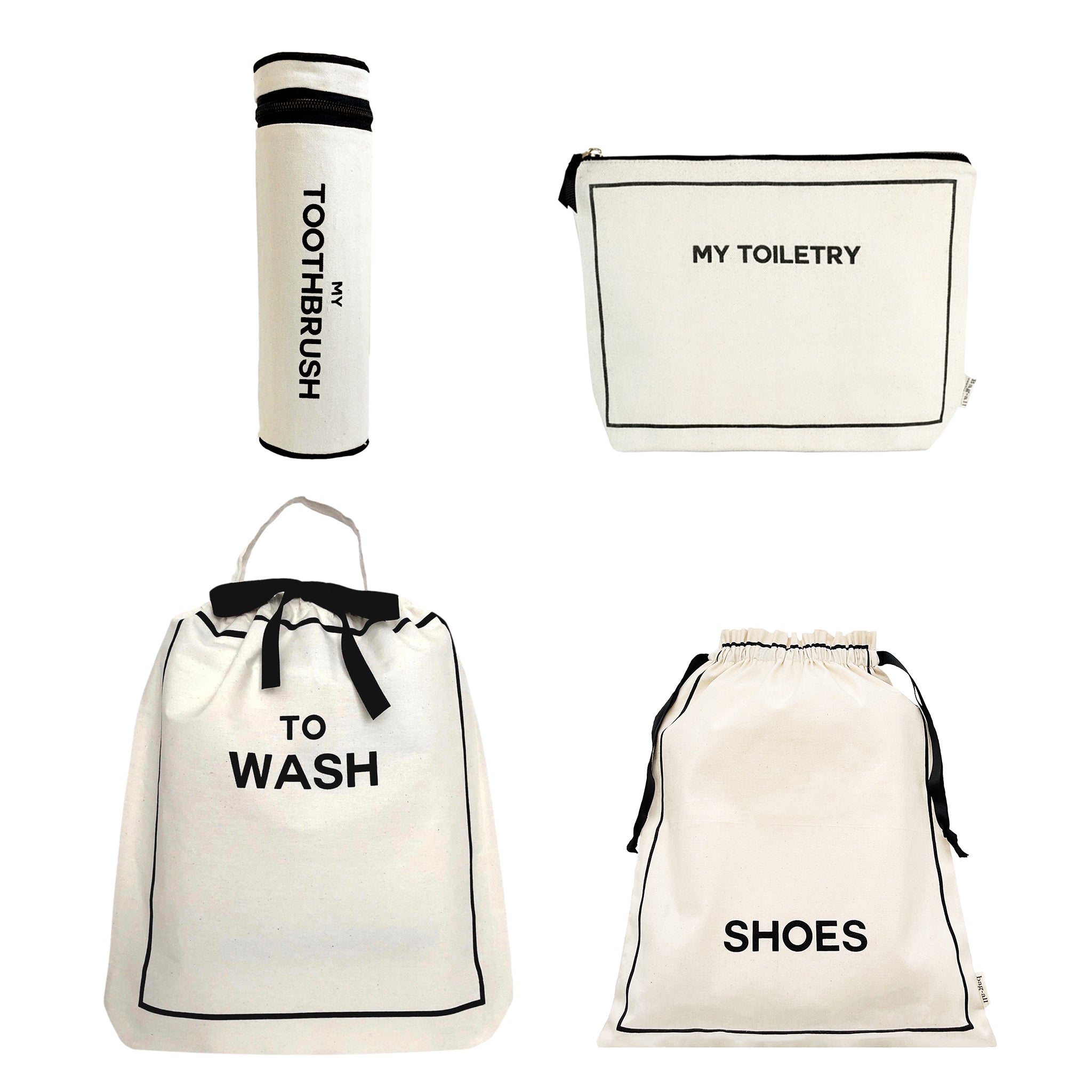 Bag-all Toiletry Travel Gift Set 4-Pack in cream featuring toothbrush case, toiletry pouch, wash bag, and shoe bag - eco-friendly cotton travel organizers with black text labels