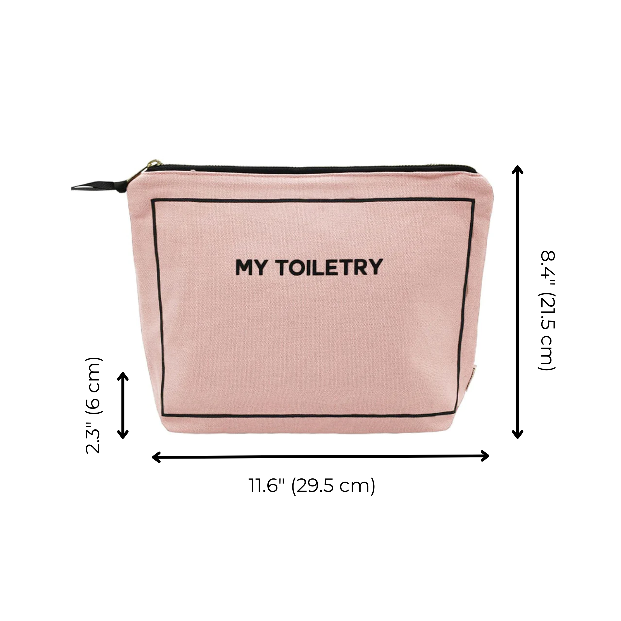 Bag-all Toiletry Pouch with Coated Lining in blush pink features waterproof interior, metal zipper, and "My Toiletry" text print. Perfect travel organizer measuring 11.6" x 8.4