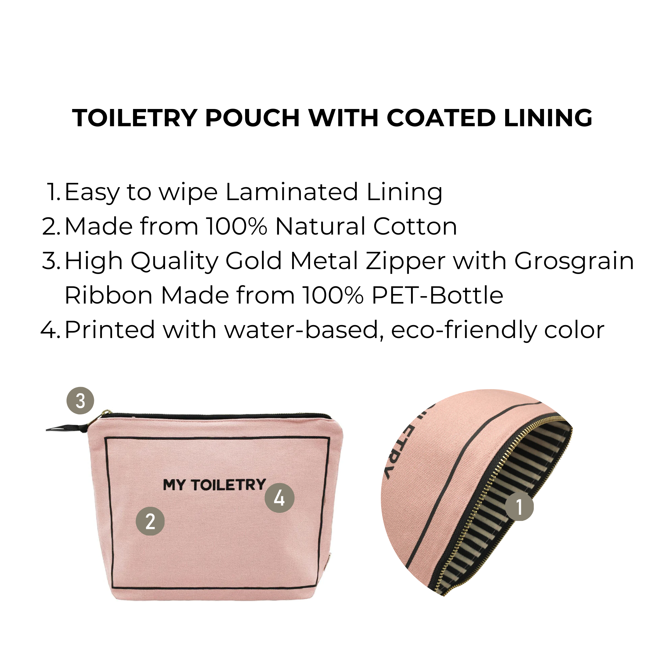 Bag-all Toiletry Pouch with Coated Lining in blush pink featuring waterproof interior, gold metal zipper, and eco-friendly cotton construction - perfect for travel organization and bathroom storage