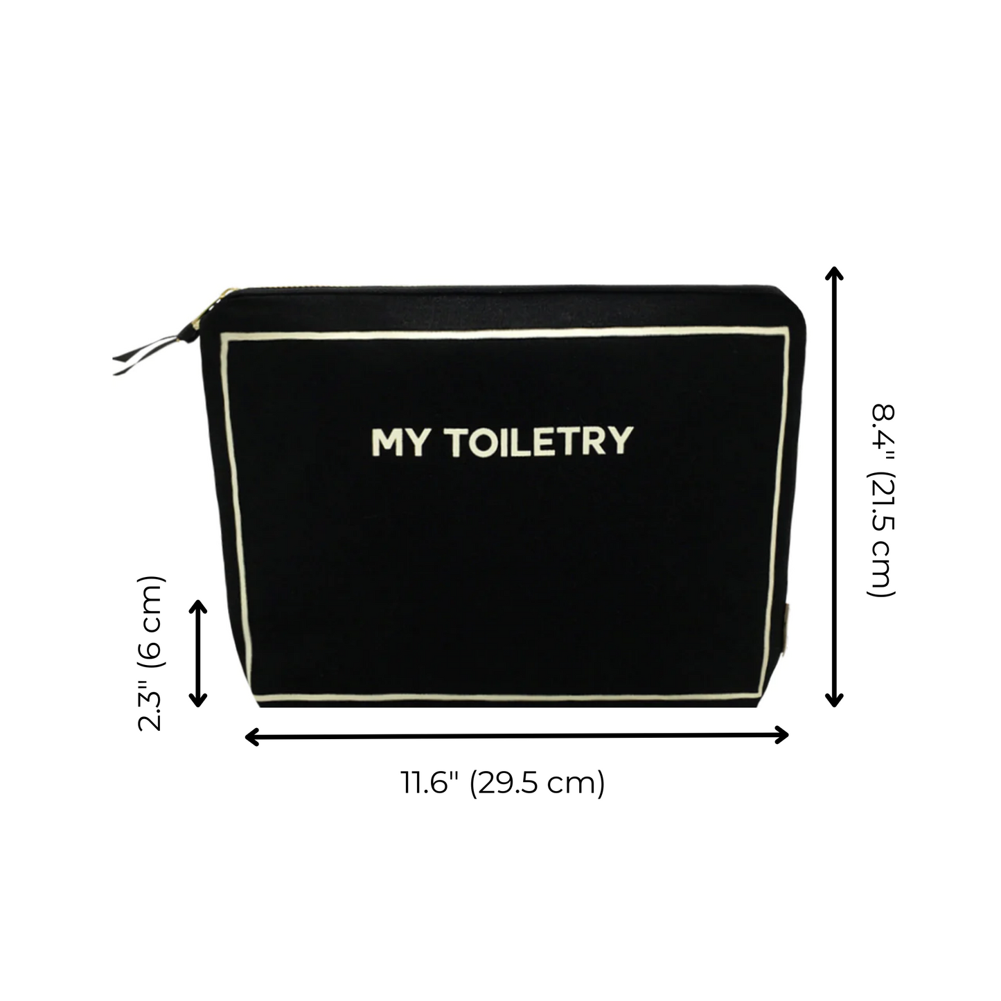 Bag-all Toiletry Pouch with Coated Lining in black cotton, featuring dimensions 11.6" x 8.4" with waterproof interior and metal zipper closure. Perfect for travel organization.