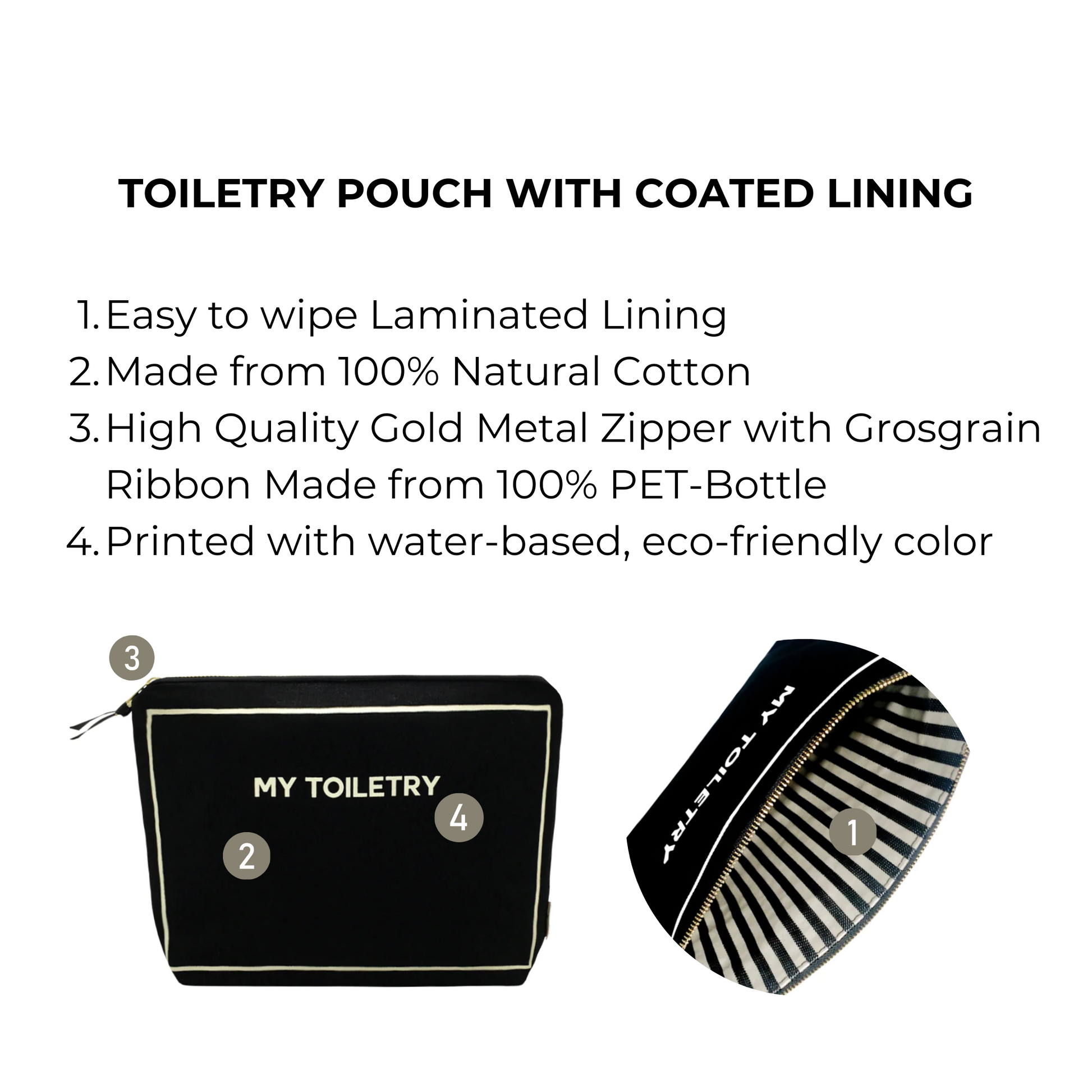 Bag-all Black Toiletry Pouch with Coated Lining featuring eco-friendly cotton construction, waterproof laminated interior, and premium metal zipper for secure travel storage