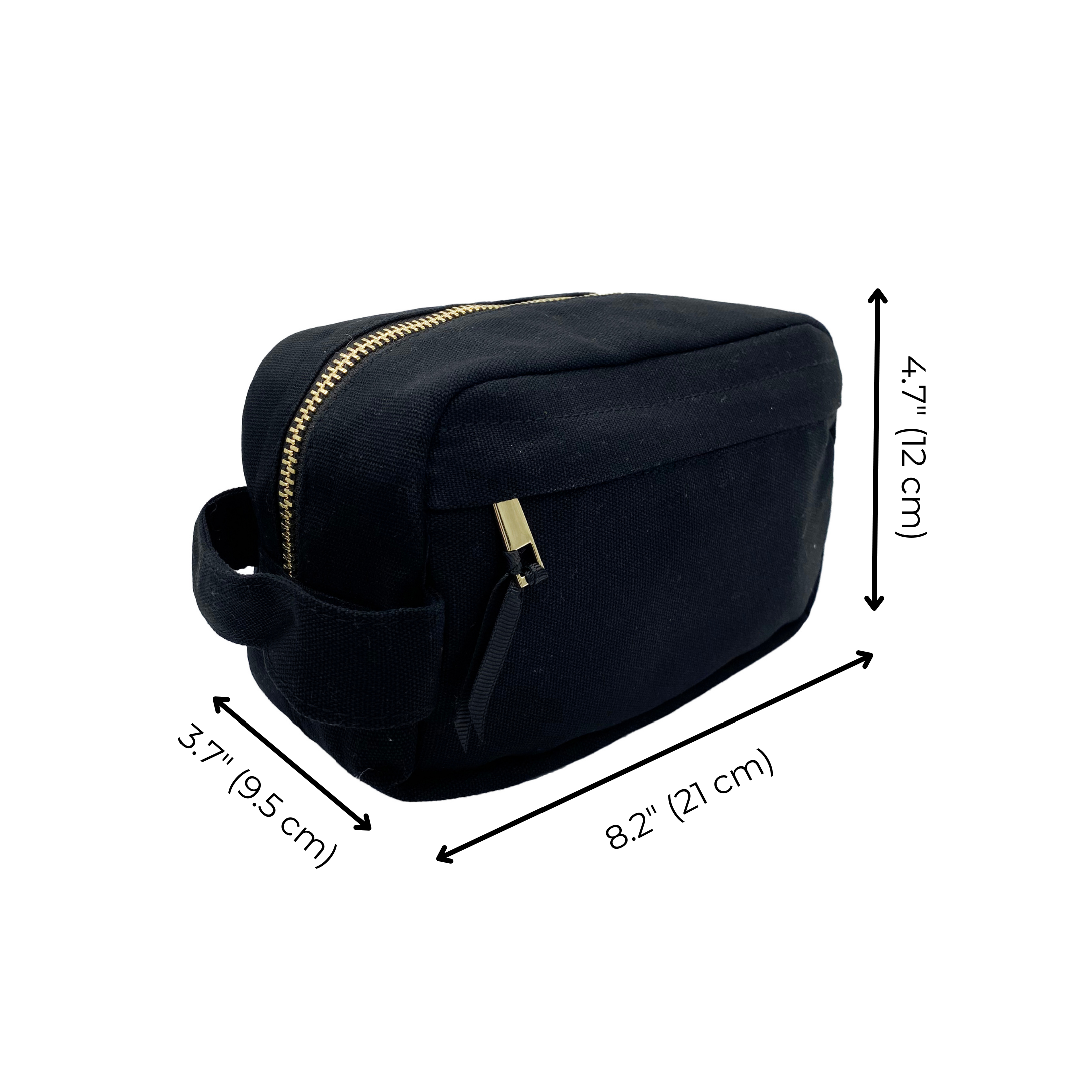 Bag-all Black Toiletry Pouch with Zipper - Compact waterproof organizer featuring gold hardware, laminated interior and measurements 8.2" x 3.7" x 4.7