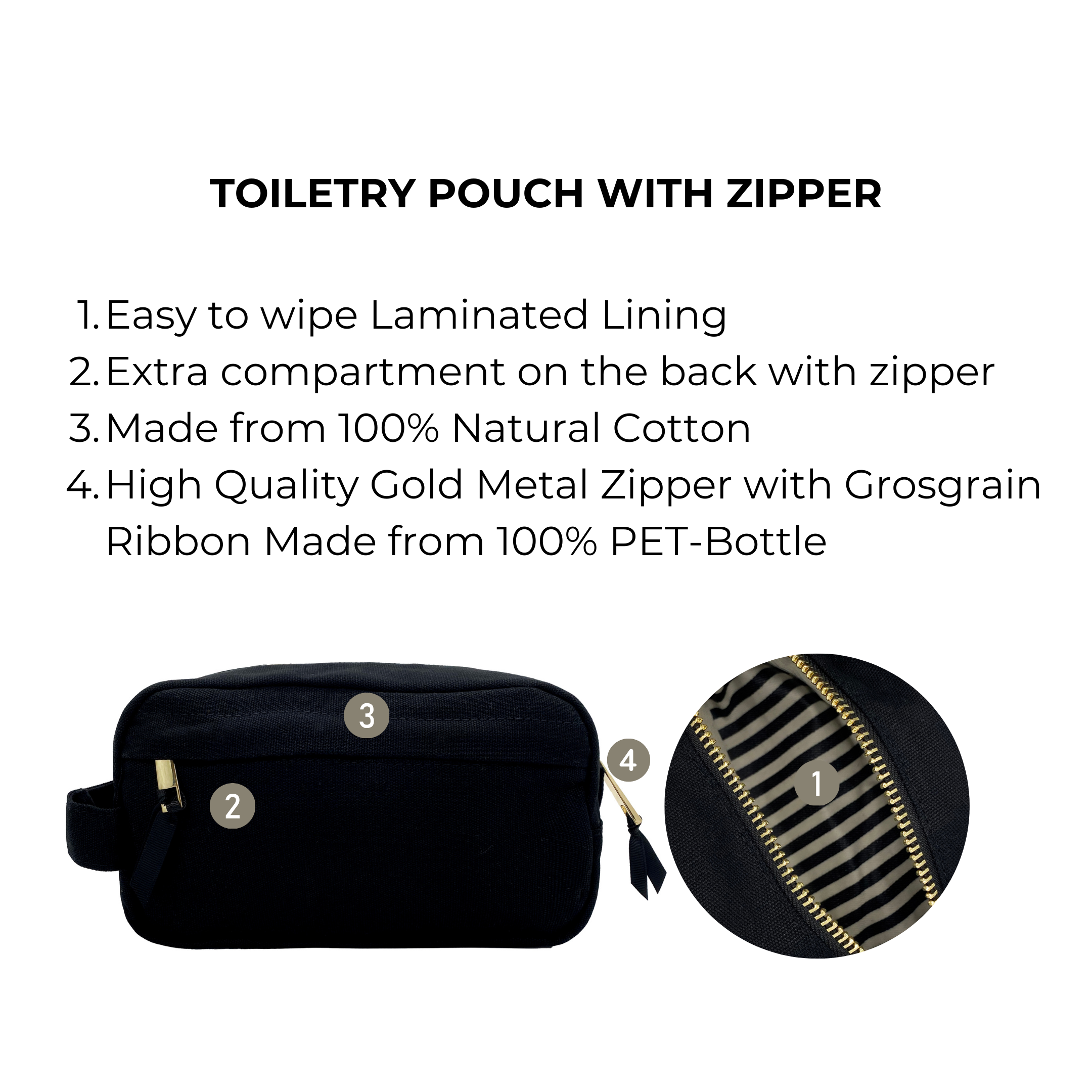 Bag-all Black Toiletry Pouch with Zipper featuring laminated interior, gold metal zipper, extra back compartment, made from natural cotton with eco-friendly PET ribbon details