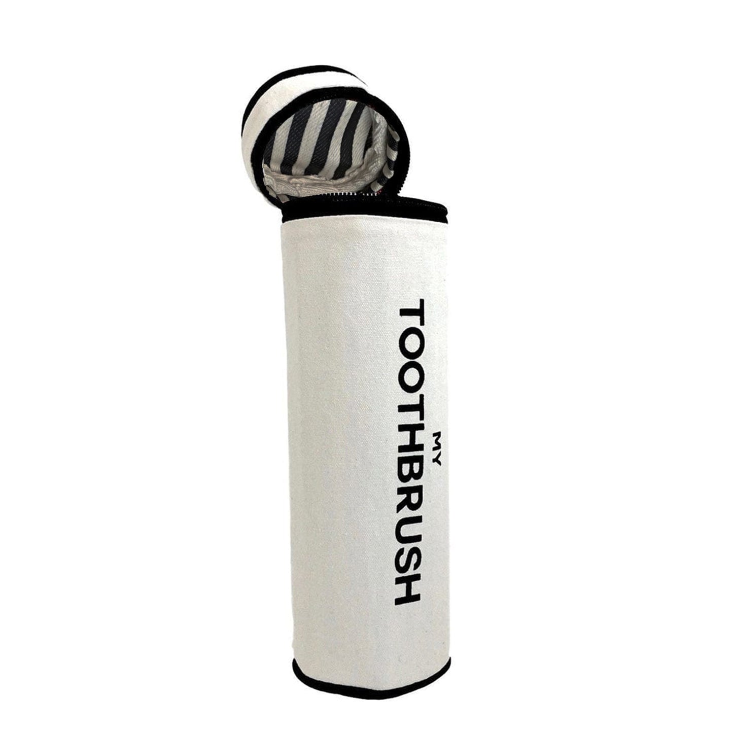 Bag-all Cream Toothbrush Travel Case - Stylish cylindrical container with black trim, holds 5 toothbrushes and toothpaste, featuring minimalist Scandinavian design and striped interior lining