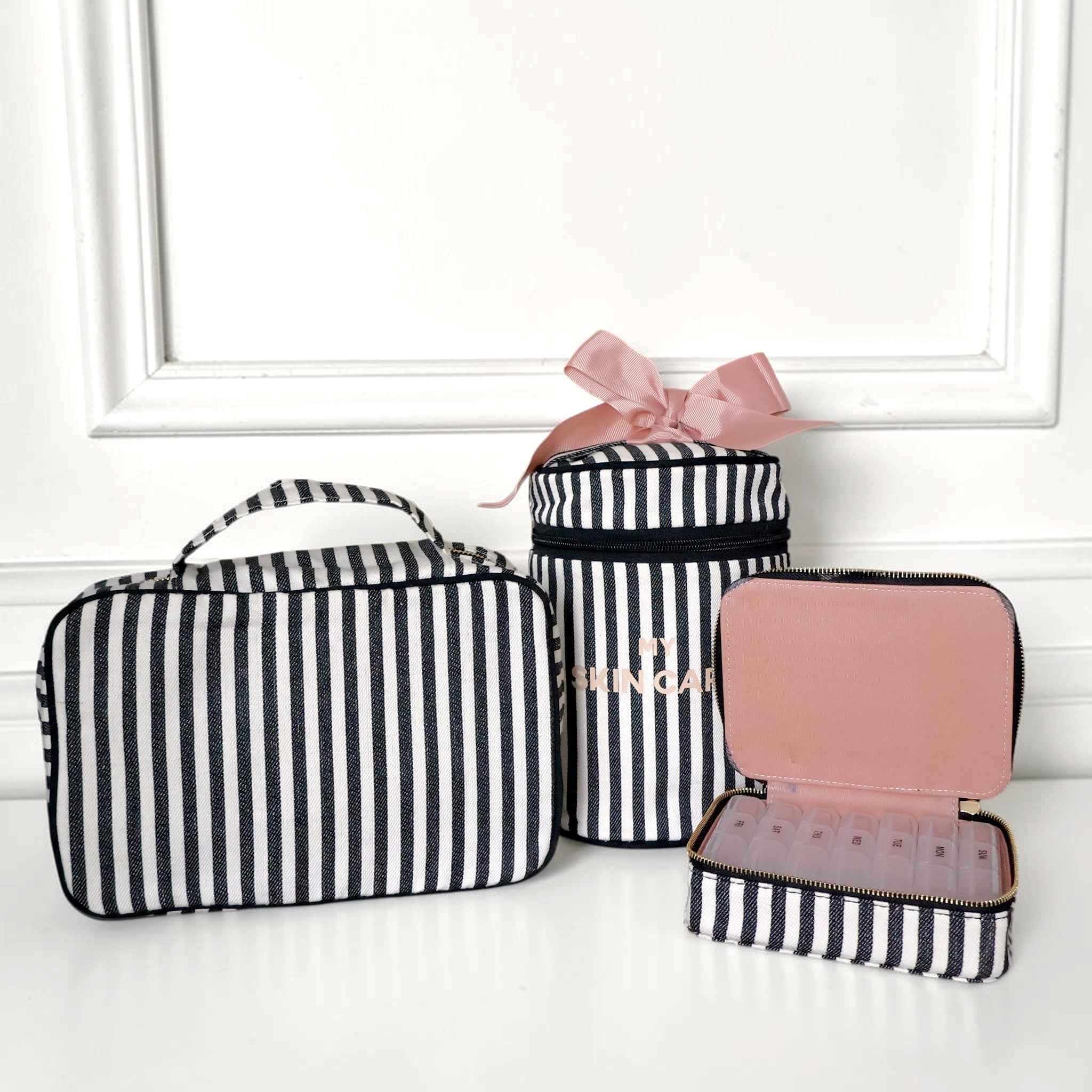 Coffret Cadeau Beauté de Voyage, Organisateur de Toilette et Soins de la Peau 3 Pièces, Rayé