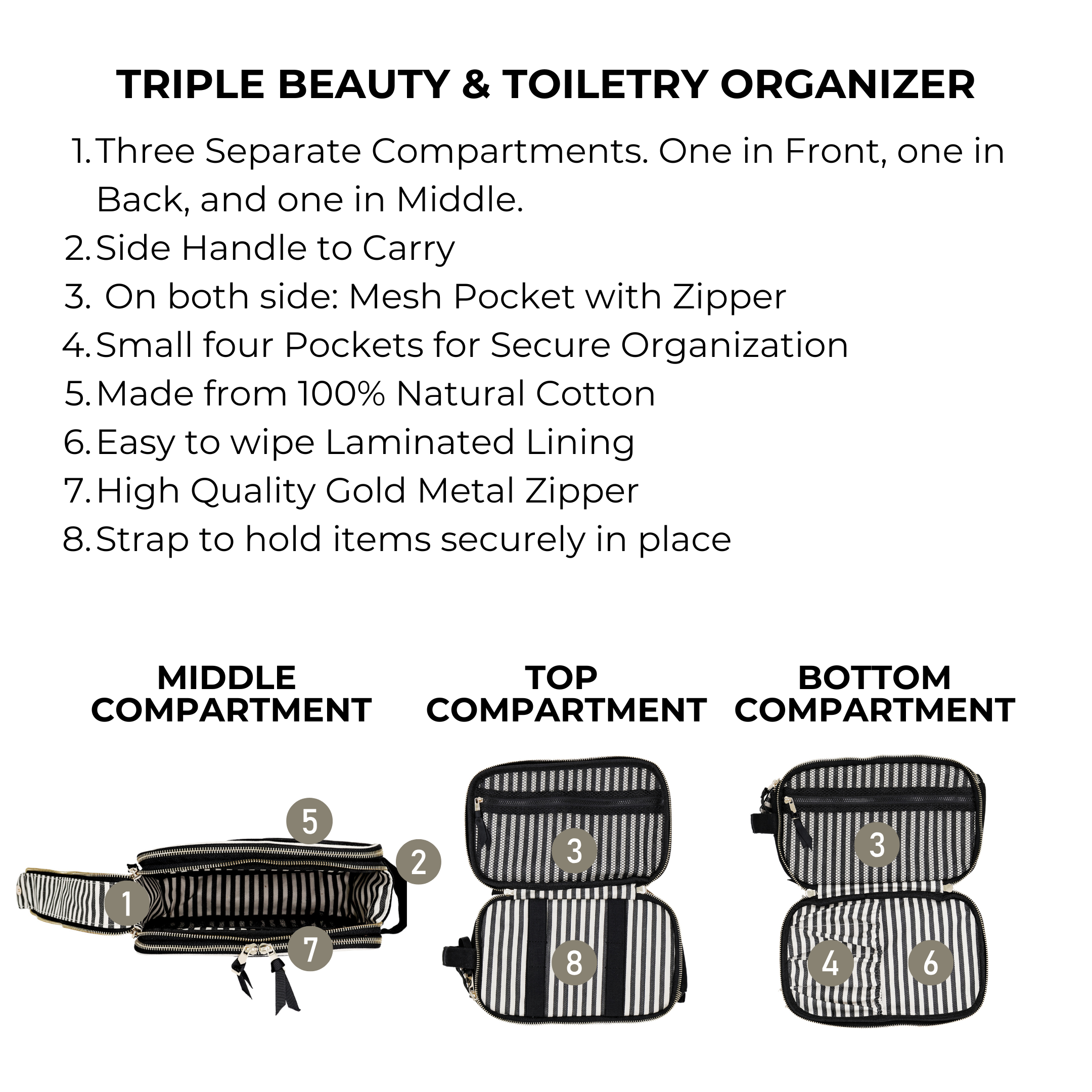 Bag-all Triple Beauty & Toiletry Organizer in black with three compartments, mesh pockets, gold zippers, and a side handle for easy carrying