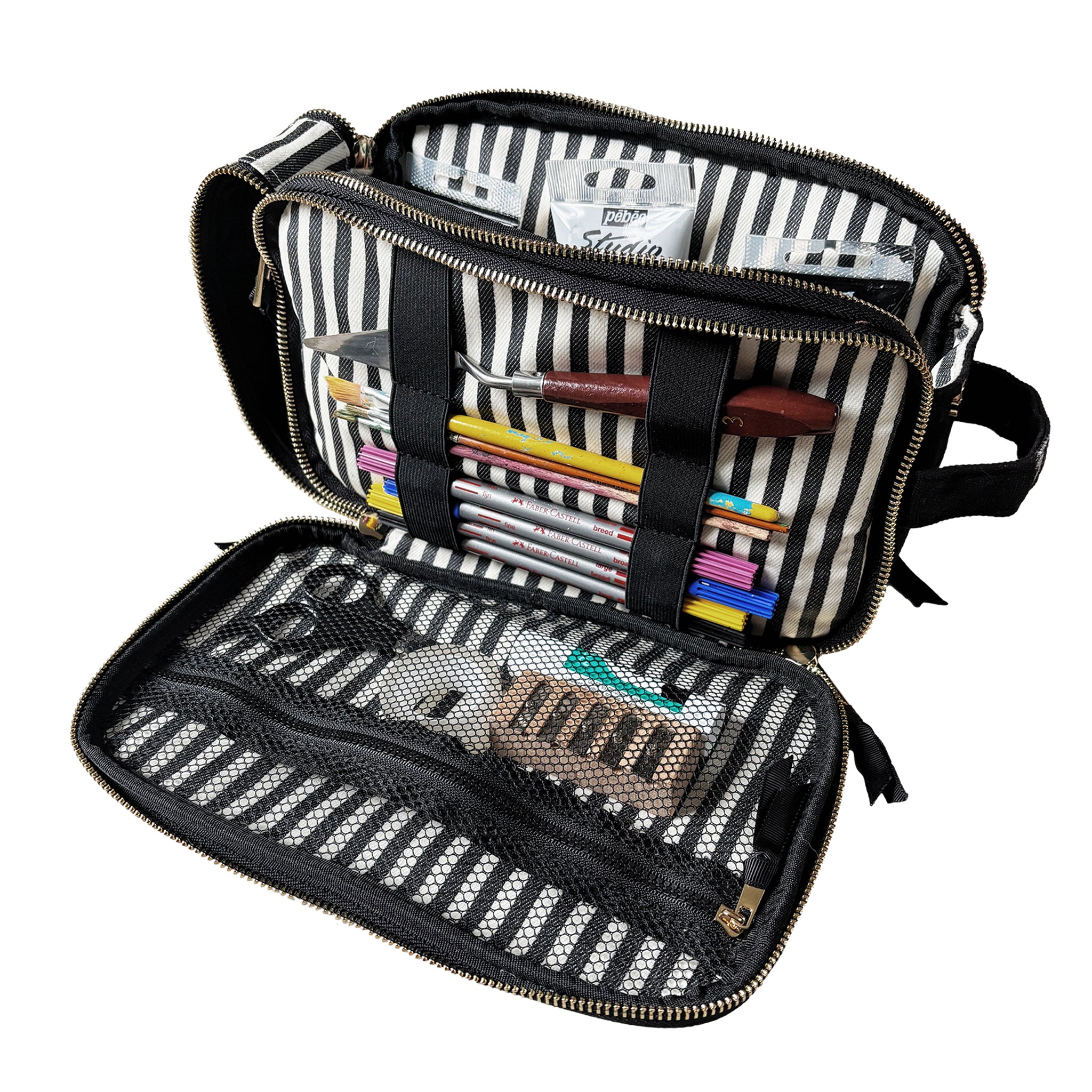 Bag-all Triple Travel Hobby Organizer in black with striped interior, zip compartments, and multiple storage for pens and accessories