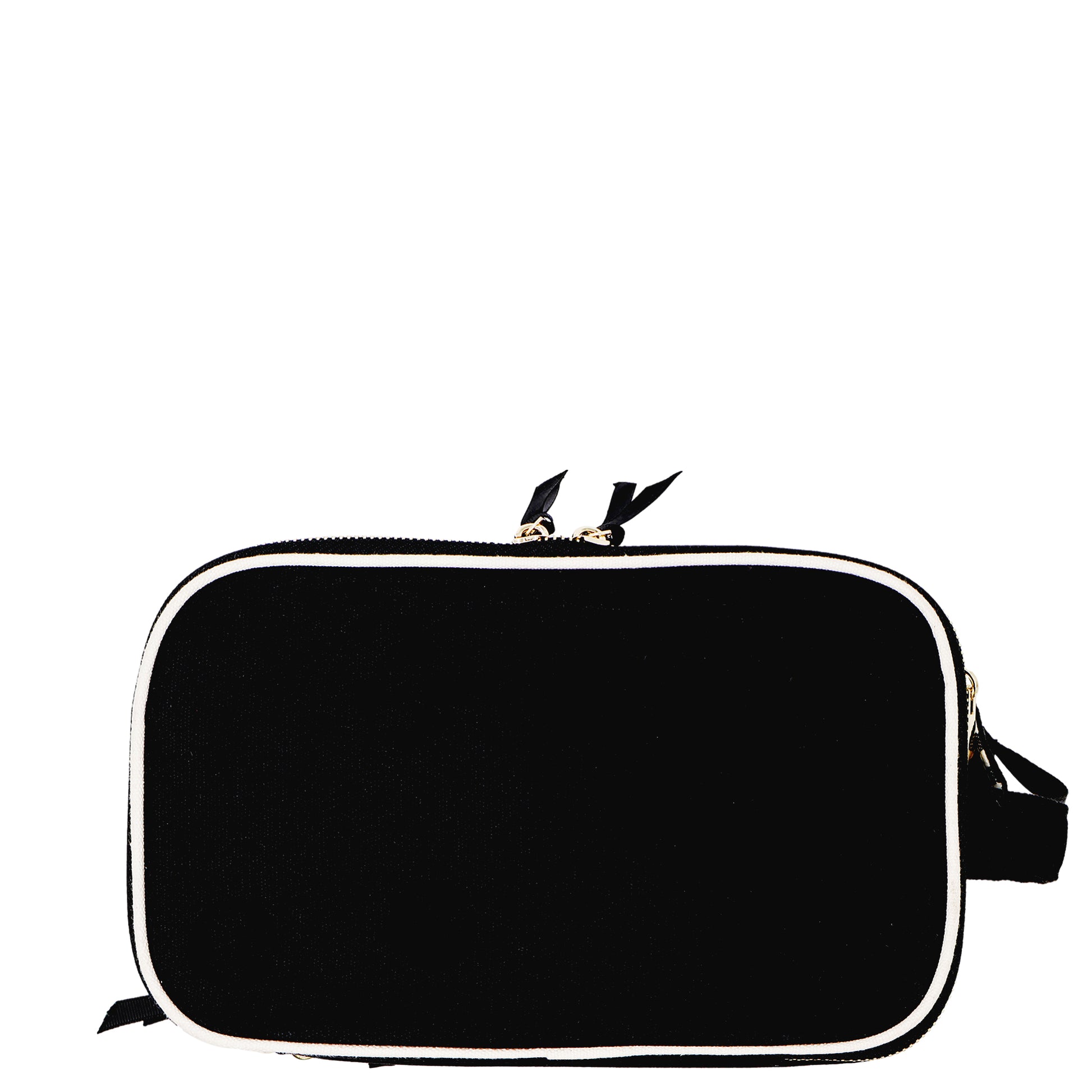 Compact black triple beauty and toiletry organizer with white trim and gold zippers by Bag-all perfect for travel or daily use
