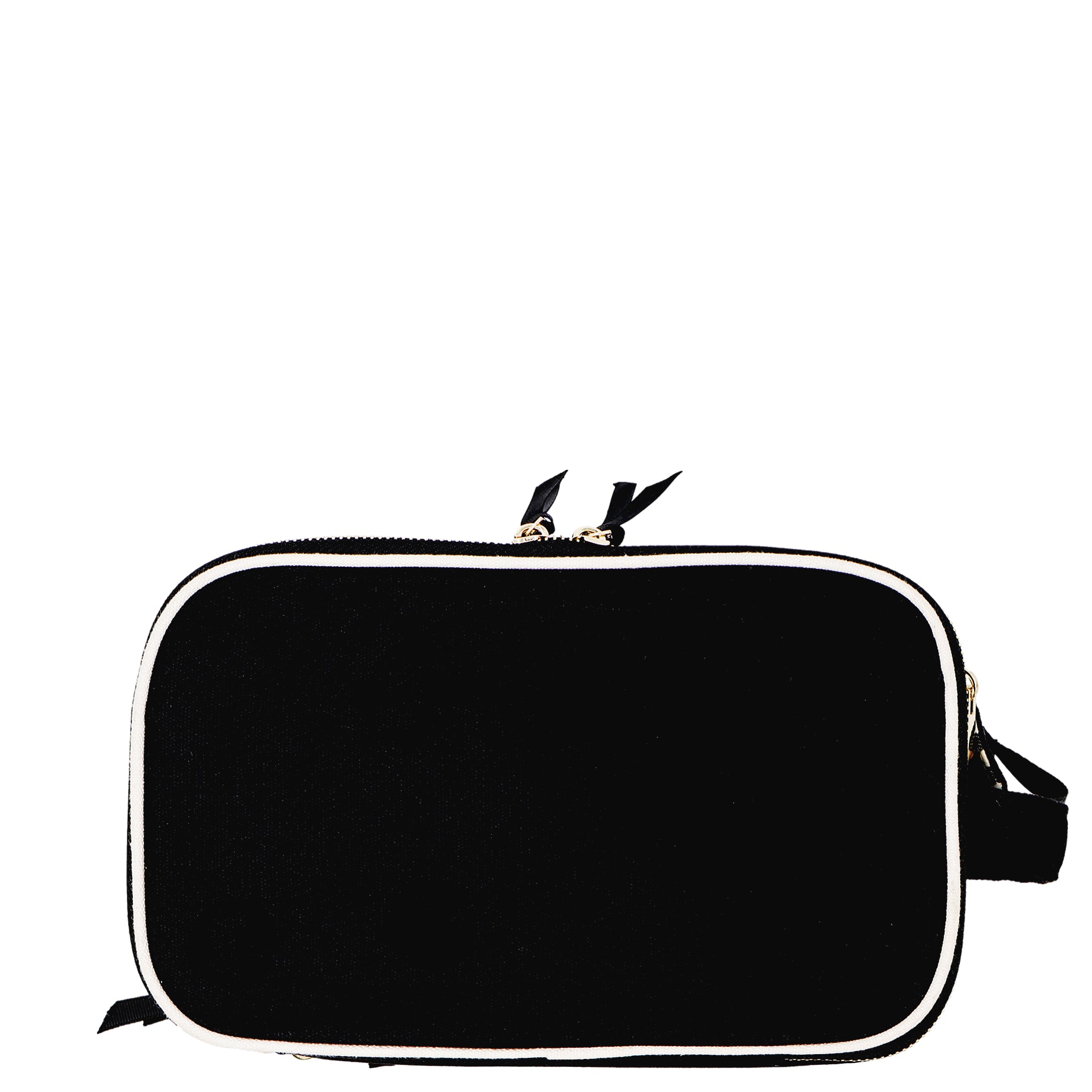 Compact black triple beauty and toiletry organizer with white trim and gold zippers by Bag-all perfect for travel or daily use