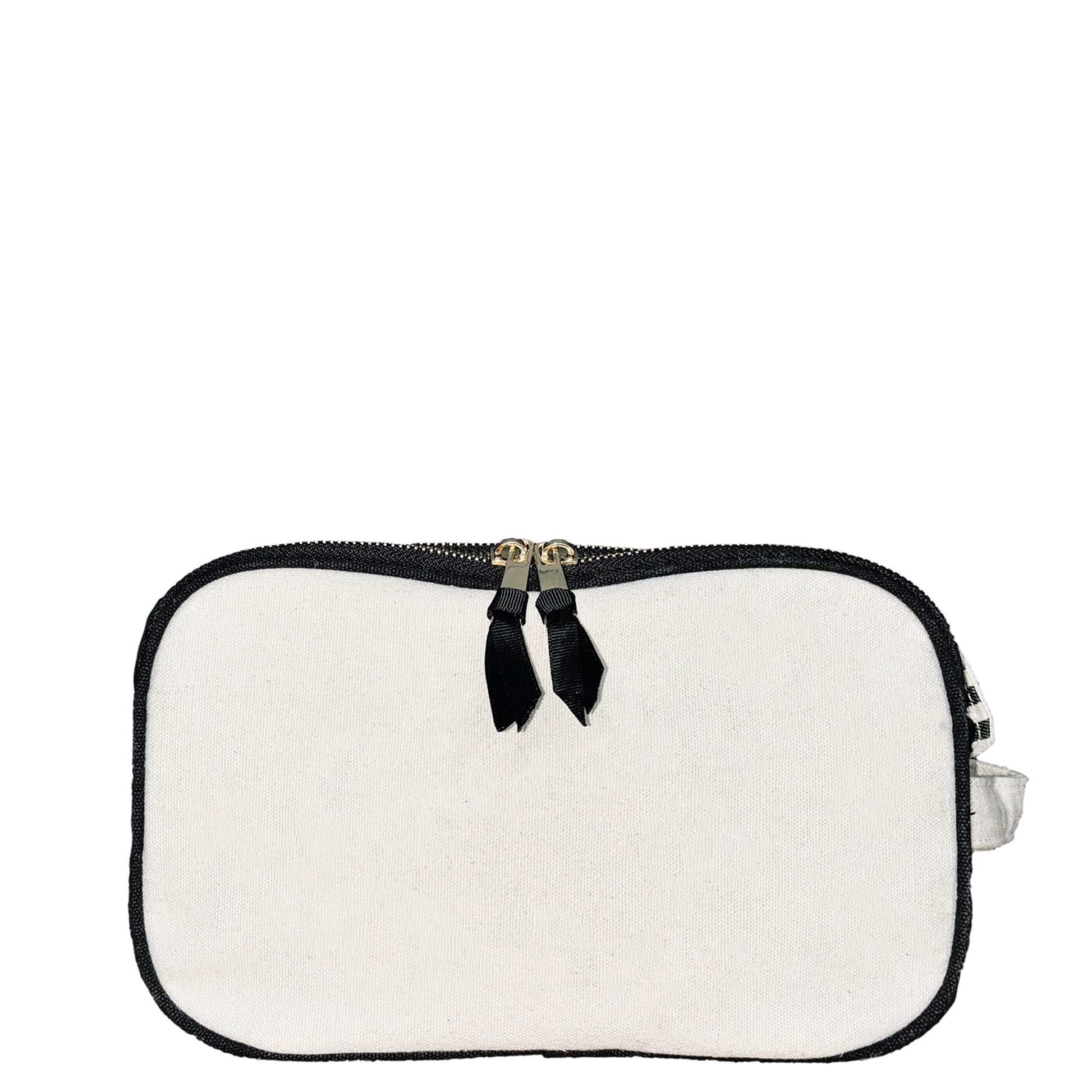 Cream triple compartment beauty and toiletry organizer with black trim and zippers by Bag-all