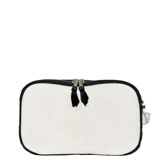 Bag-all cream triple beauty and toiletry organizer with black trim and dual zipper for versatile storage and travel convenience