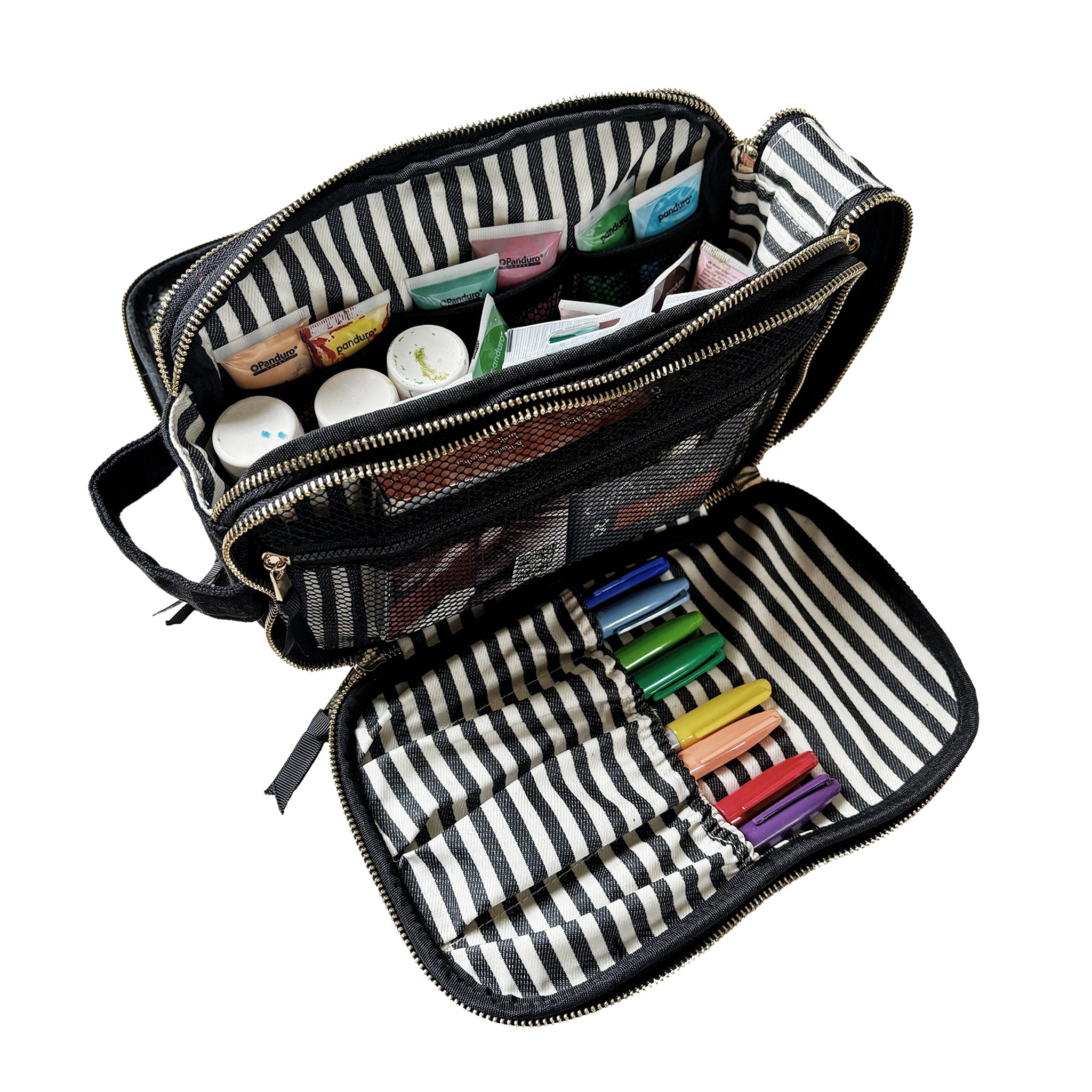 Bag-all triple travel organizer in cream with striped interior, multiple compartments for pens, bottles, and small items storage