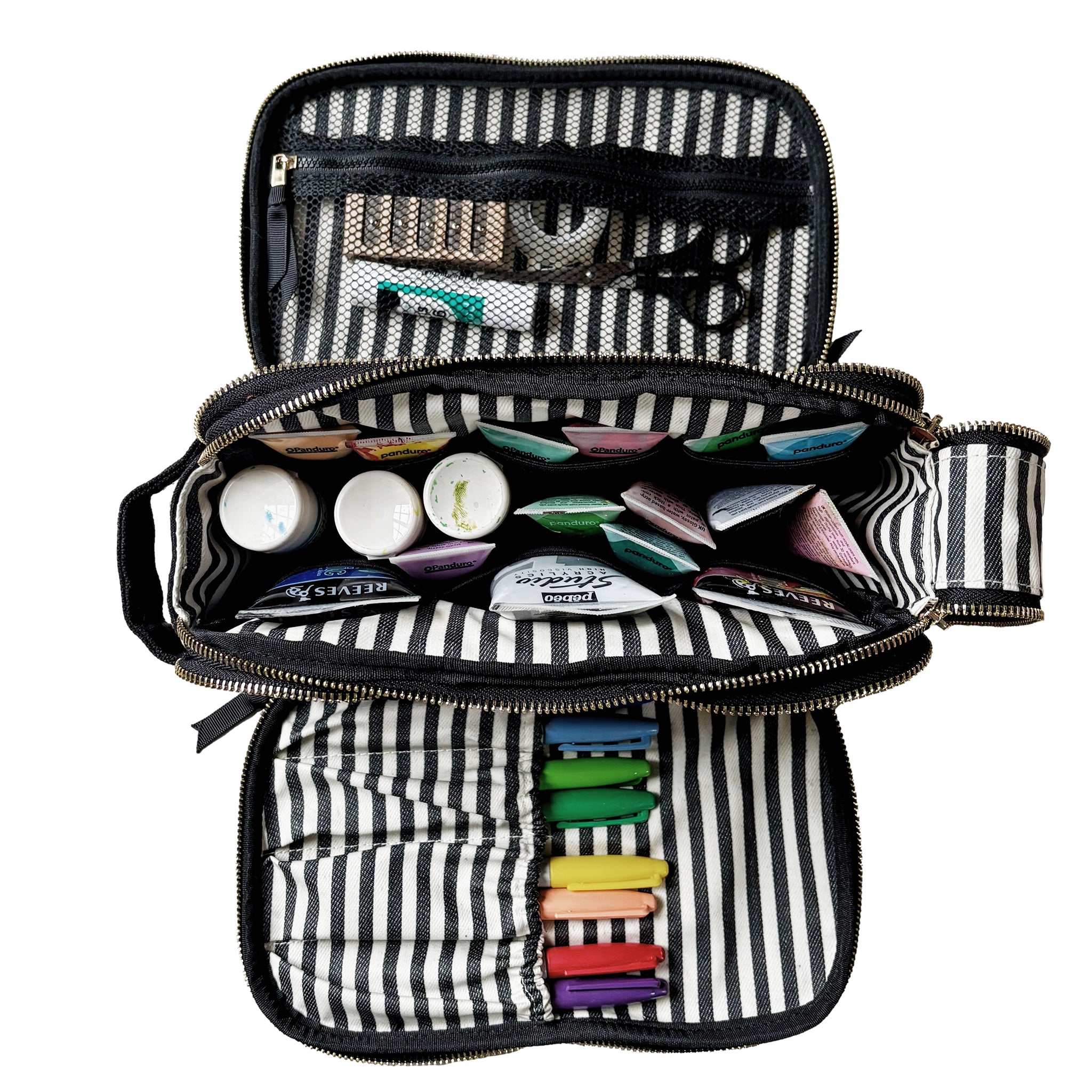 Bag-all cream striped travel organizer open with compartments holding hobby tools and craft supplies inside