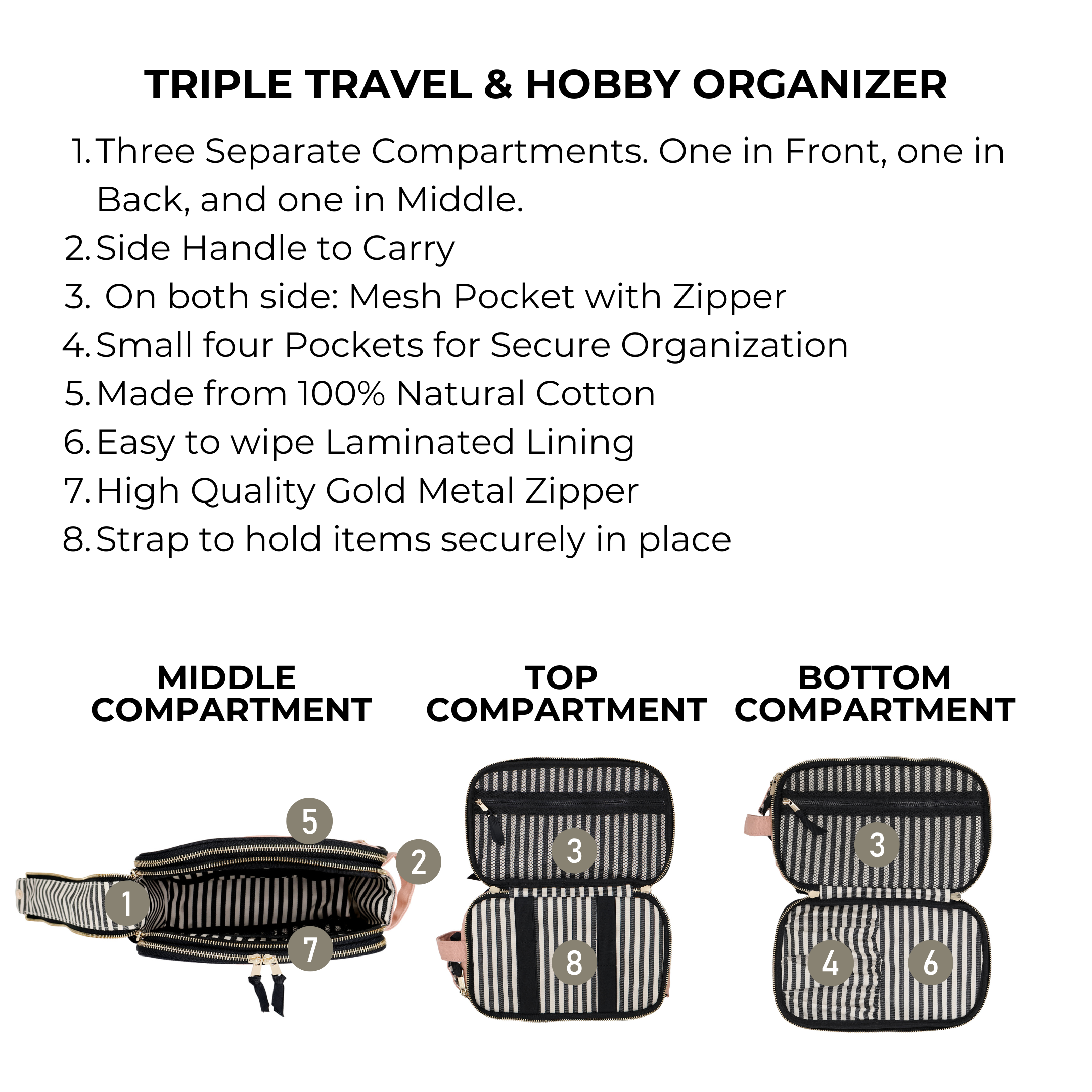 Bag-all Triple Travel & Hobby Organizer in pink blush with three compartments, mesh pockets, cotton, and gold metal zippers