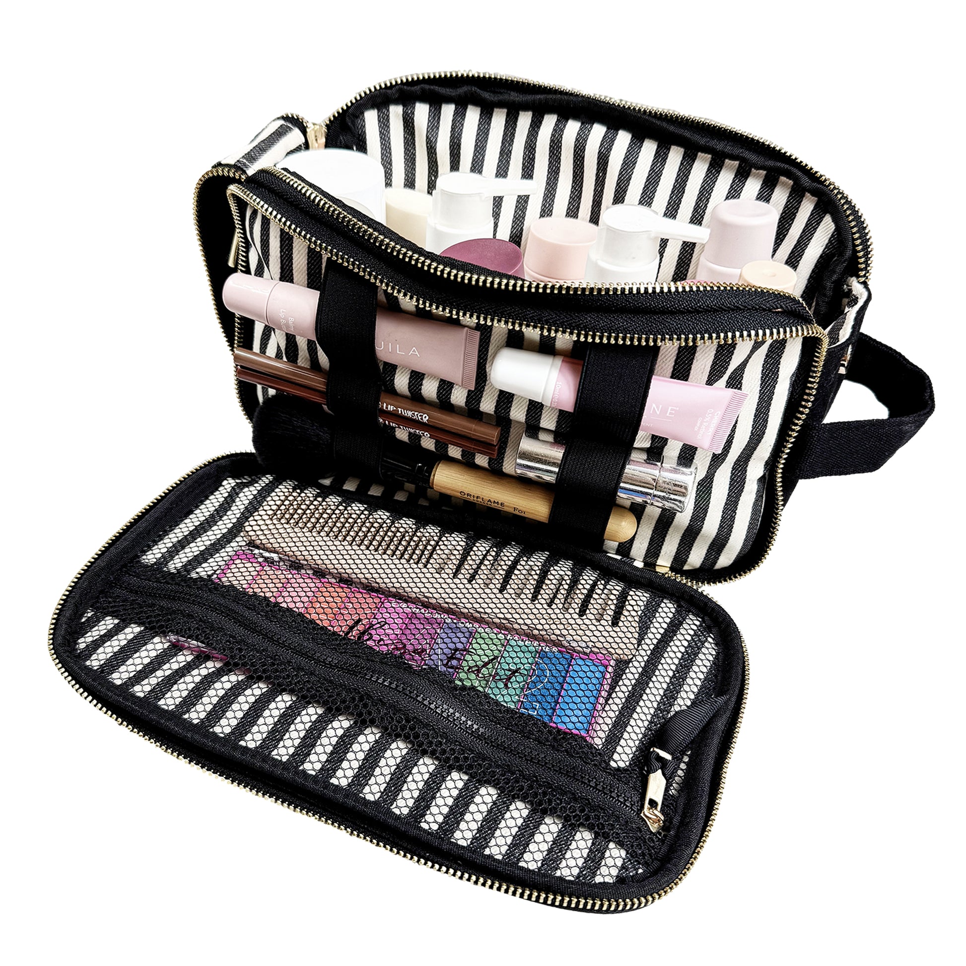 Bag-all Triple Beauty Toiletry Organizer in black with striped interior holding makeup and skincare products