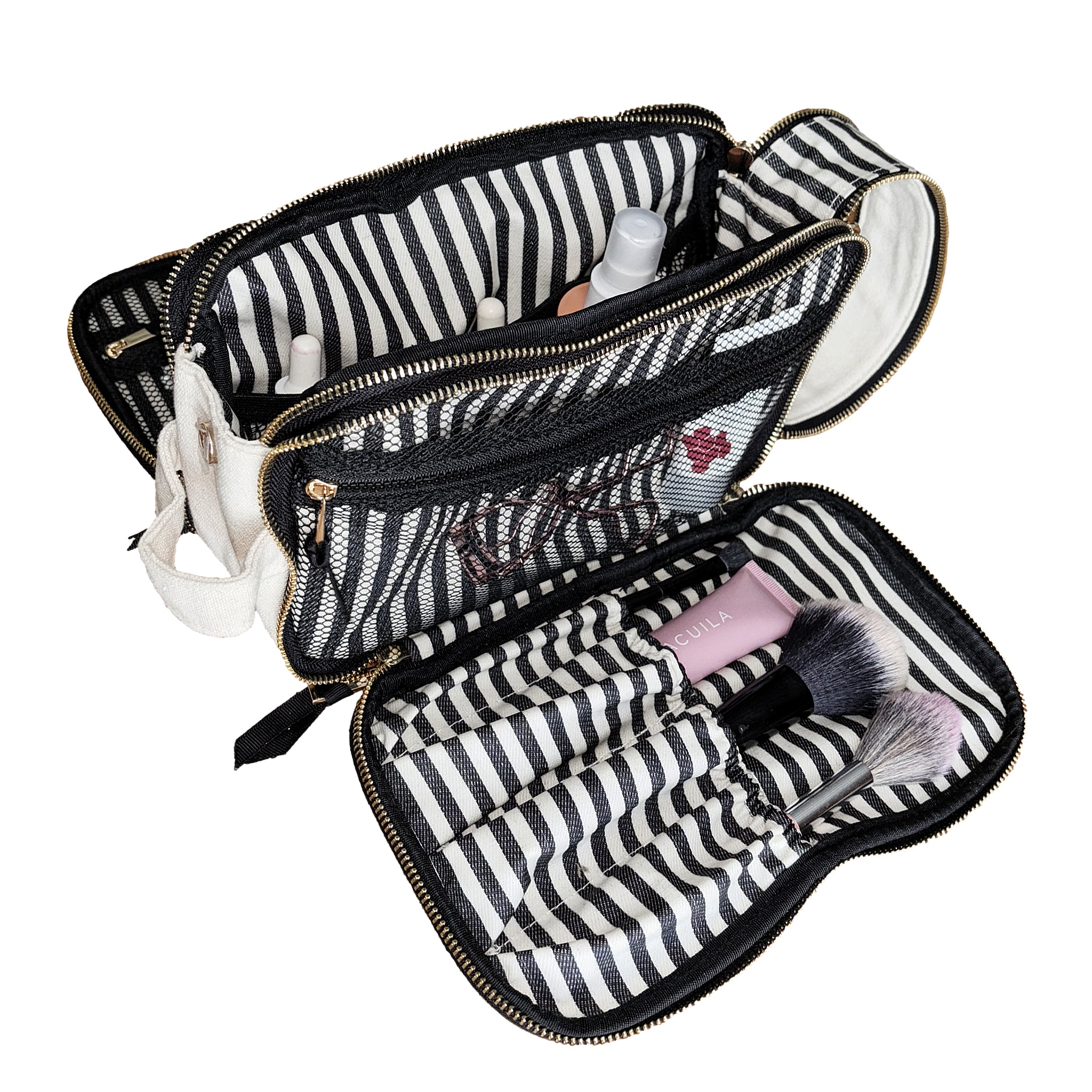 Bag-all Triple Beauty & Toiletry Organizer in cream with striped interior and multiple compartments for easy storage