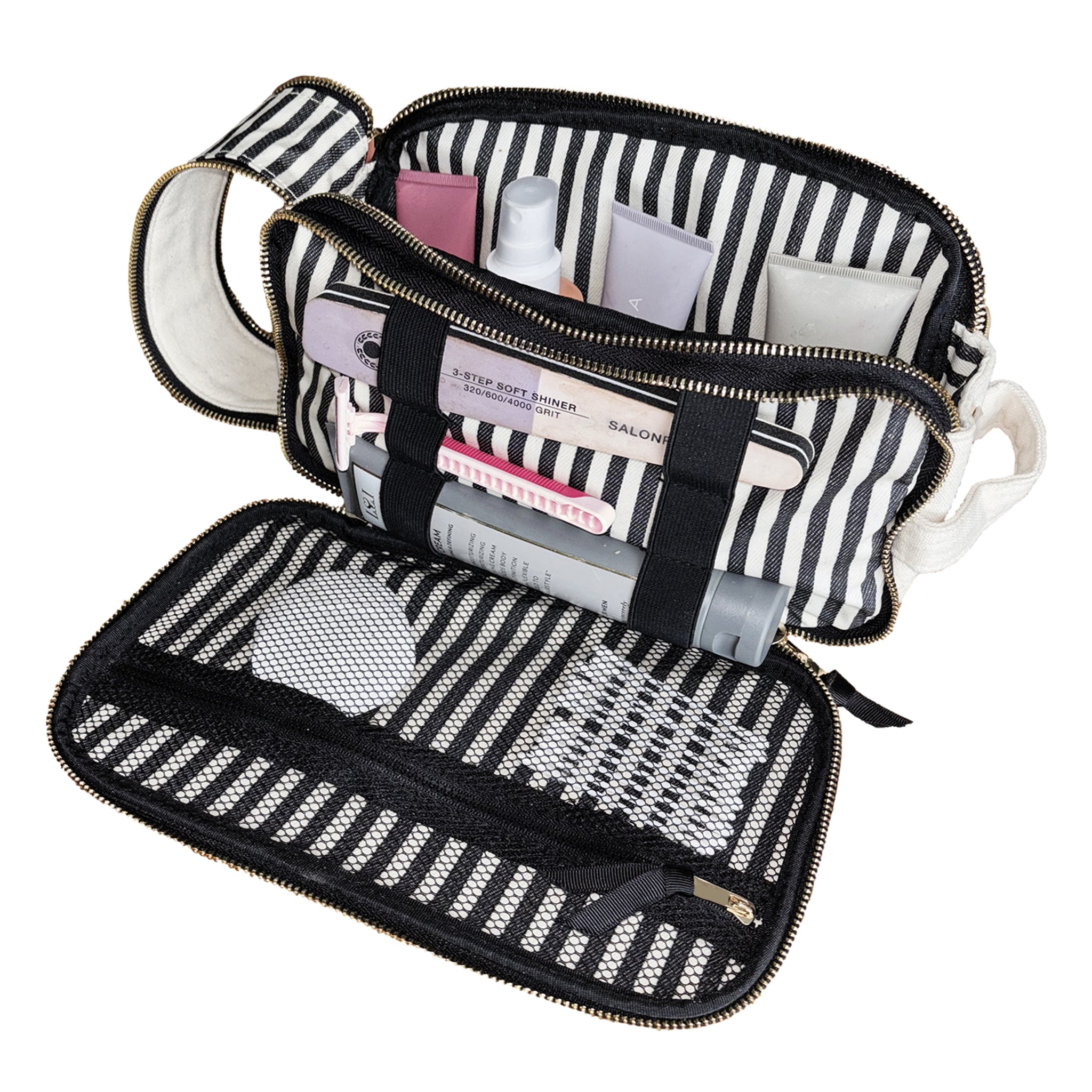 Cream Bag-all Triple Beauty & Toiletry Organizer with zip compartments and striped interior for stylish travel storage
