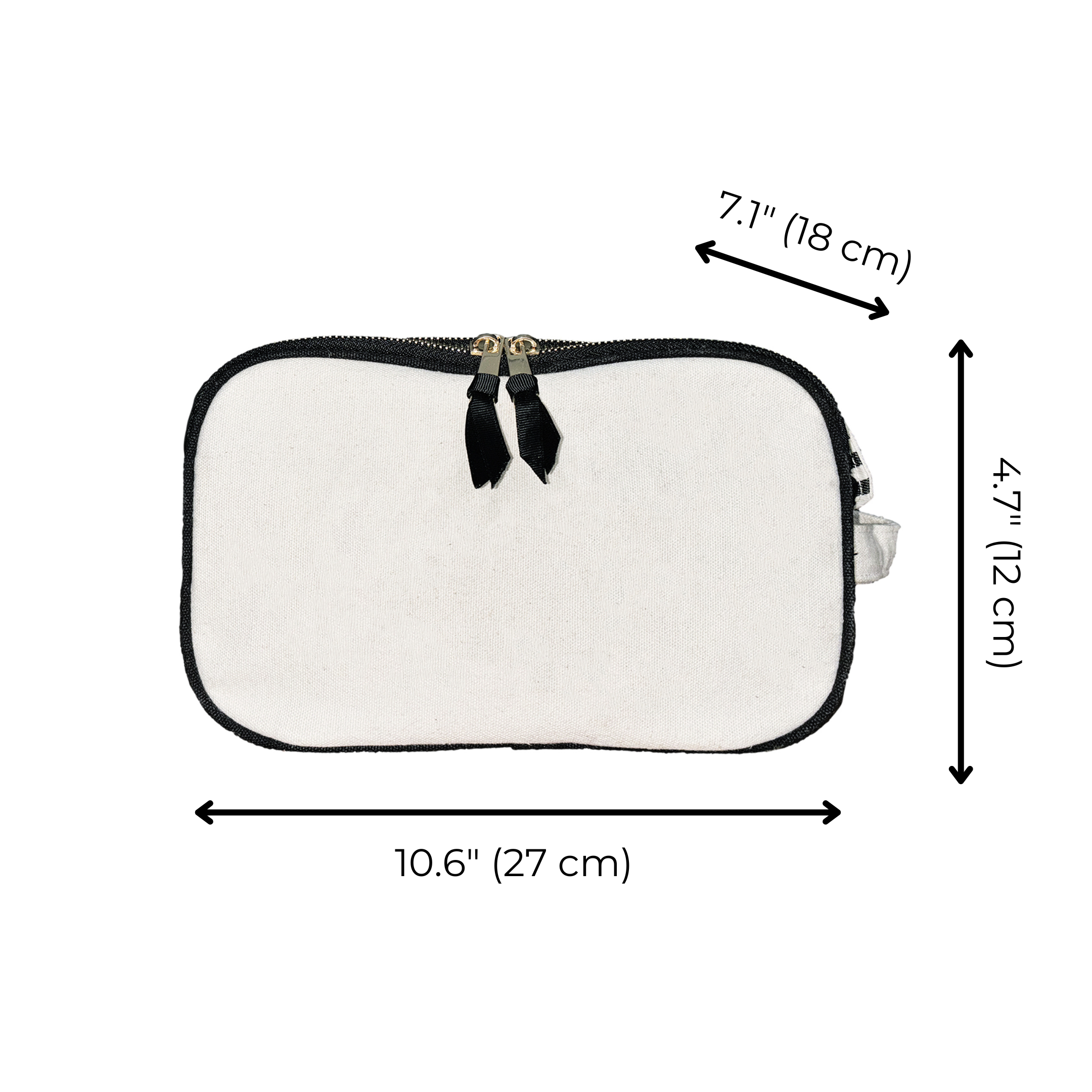 Cream Bag-all Triple Travel & Hobby Organizer with black zipper and handle shown with dimensions in centimeters and inches