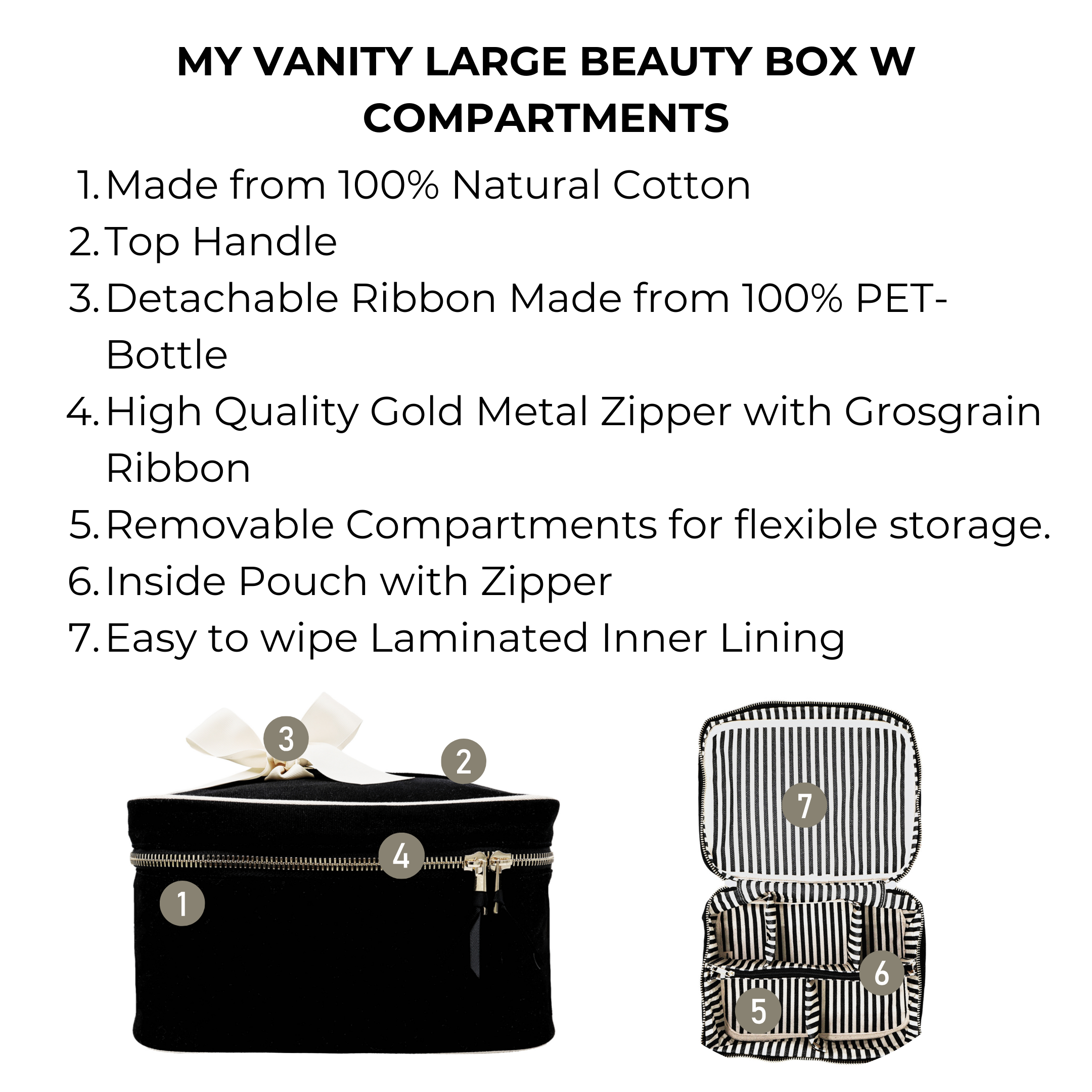 Black Bag-all vanity case with removable compartments, top handle, gold zipper, and striped interior lining for makeup organization