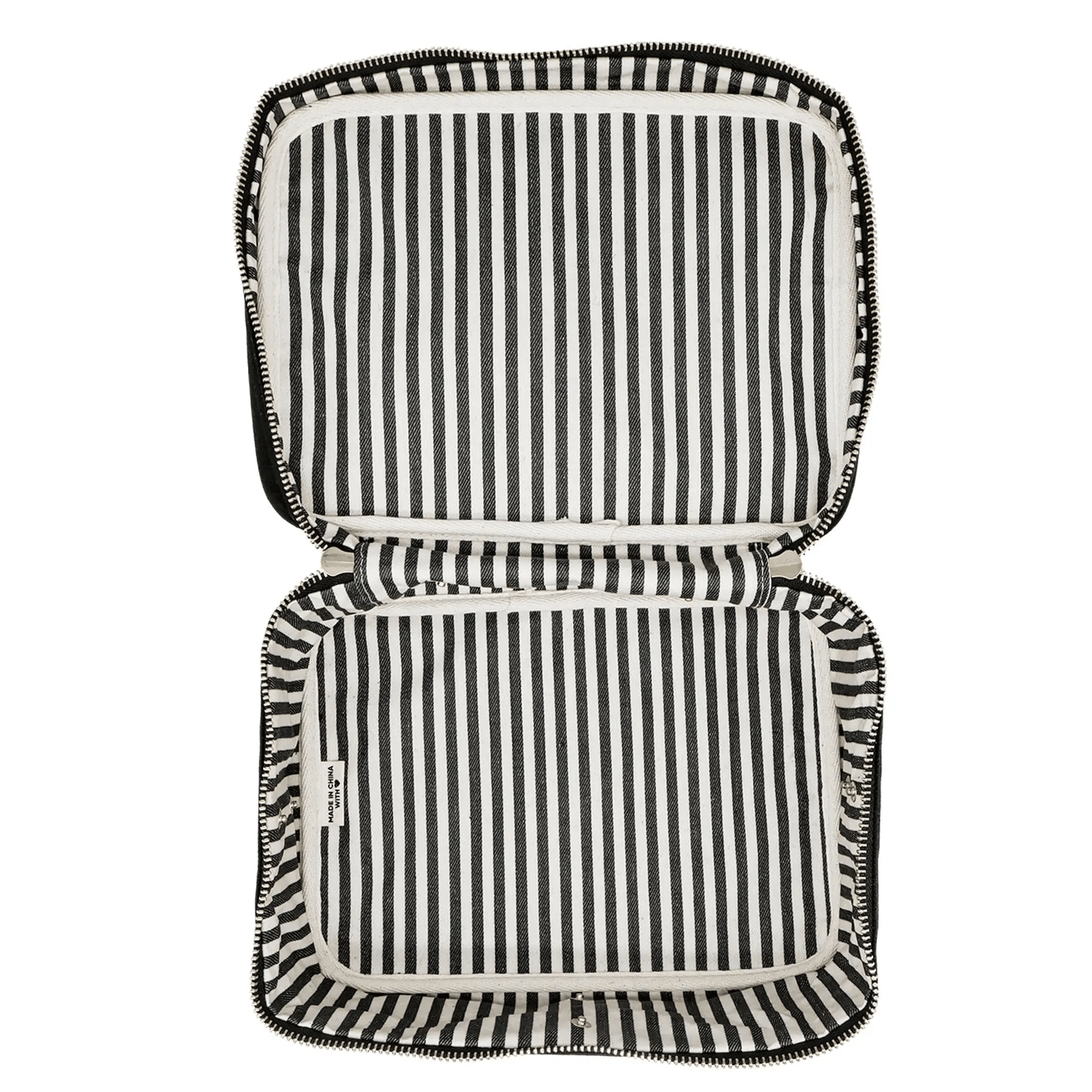 Open Bag-all vanity case with cream and black striped insert organizer for makeup and toiletries