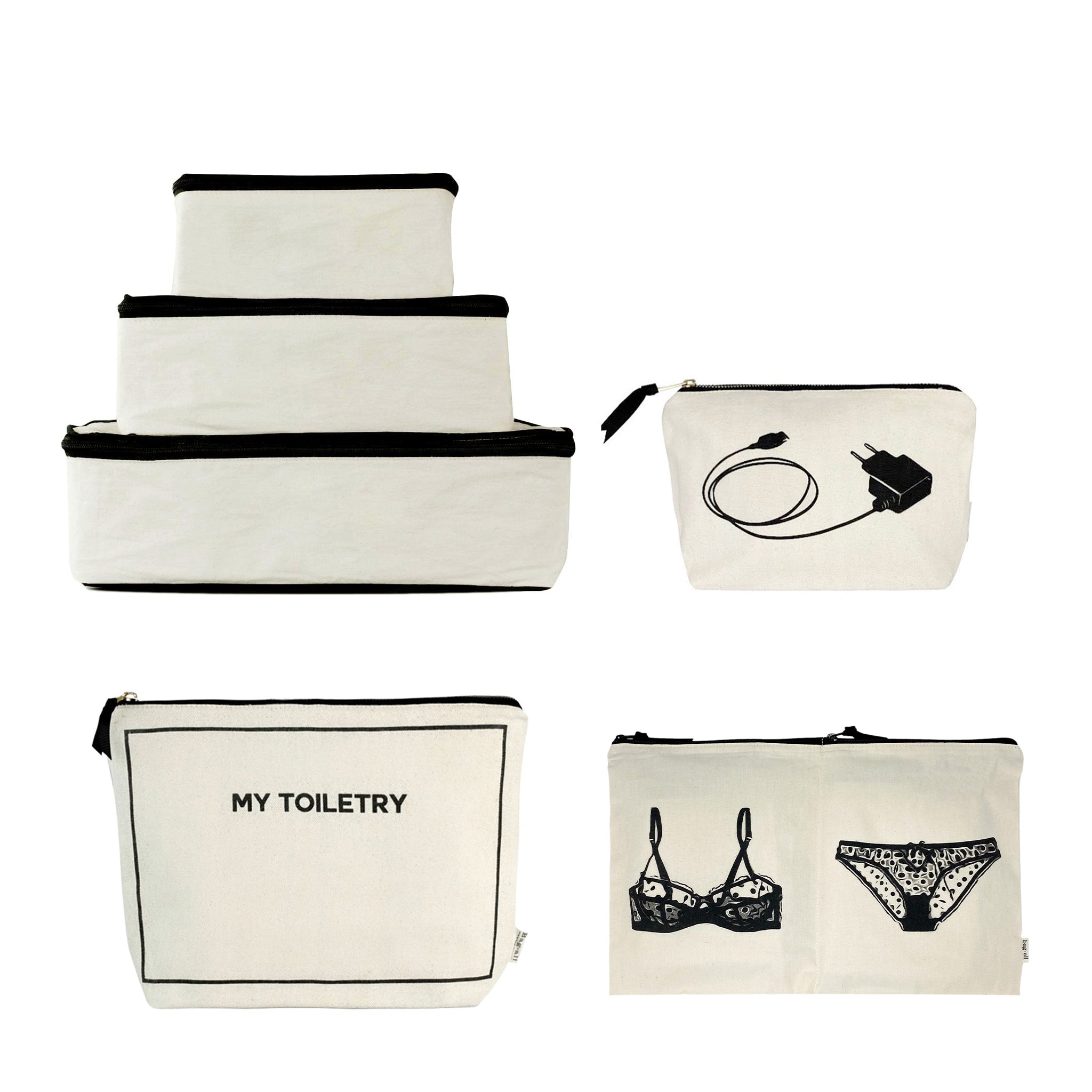 Bag-all Weekend Essential Packing Set 4-Pack in cream featuring organized travel pouches for toiletries, lingerie, chargers, and packing cubes with black trim and custom illustrations
