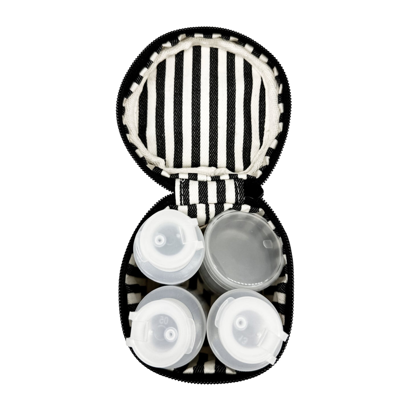 Bag-all compact carry on liquids case with four clear reusable bottles in black and white stripe design