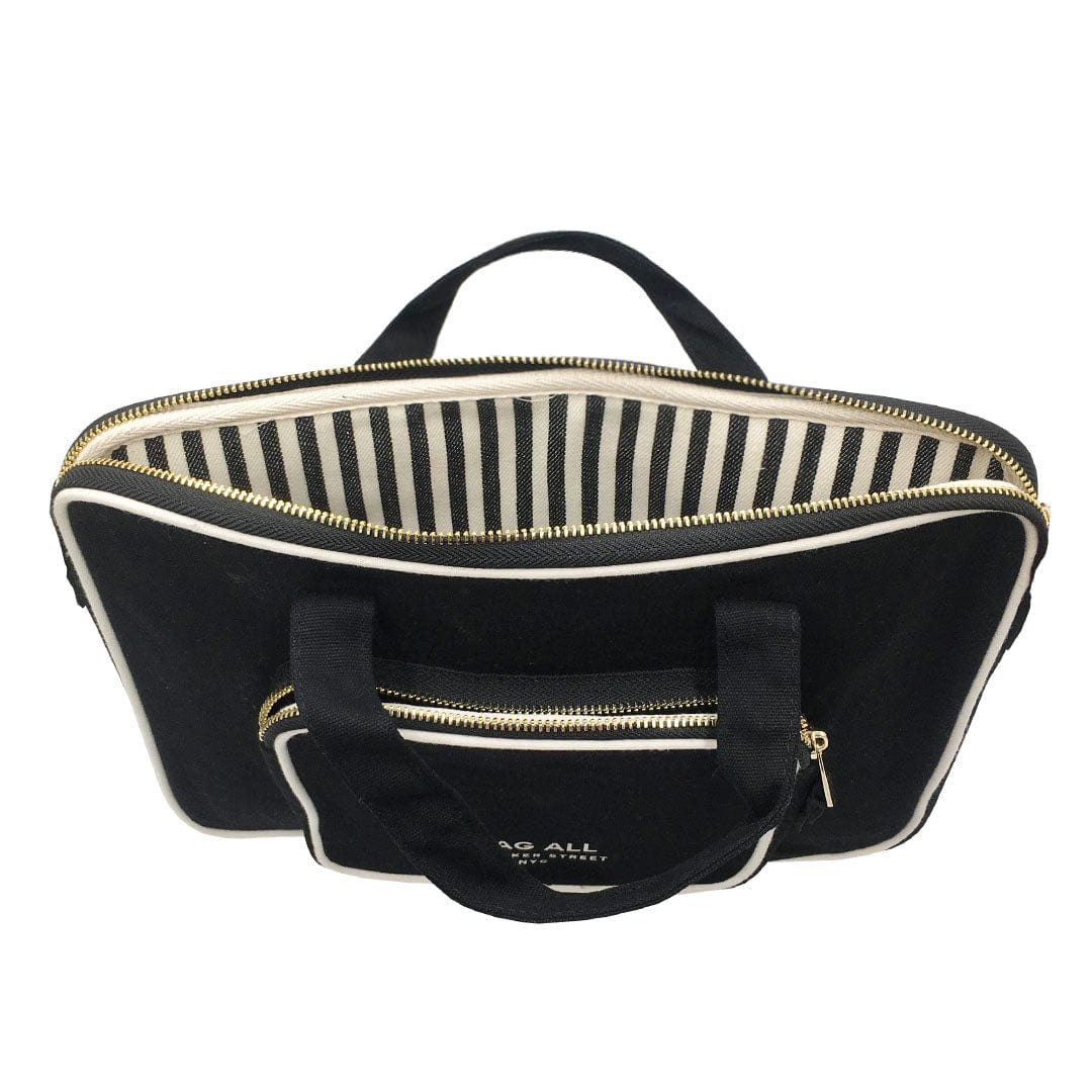Bag-all Laptop Case 13" in black cotton with striped interior, dual handles, and front charger pocket - stylish padded protection for 11-13" laptops