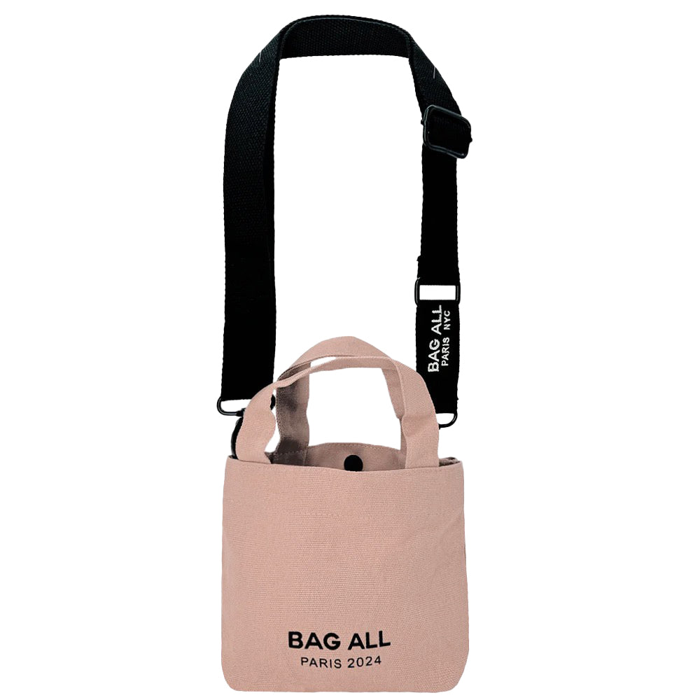Bag-all Mini Tote Bag in pink/blush cotton with black adjustable strap, interior pocket and brand logo, perfect for daily essentials and eco-friendly shopping