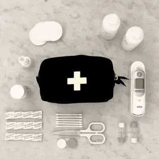Bag-all First Aid Organizing Pouch in black with medical supplies, cotton bandages, scissors, and digital thermometer on gray surface, compact storage solution