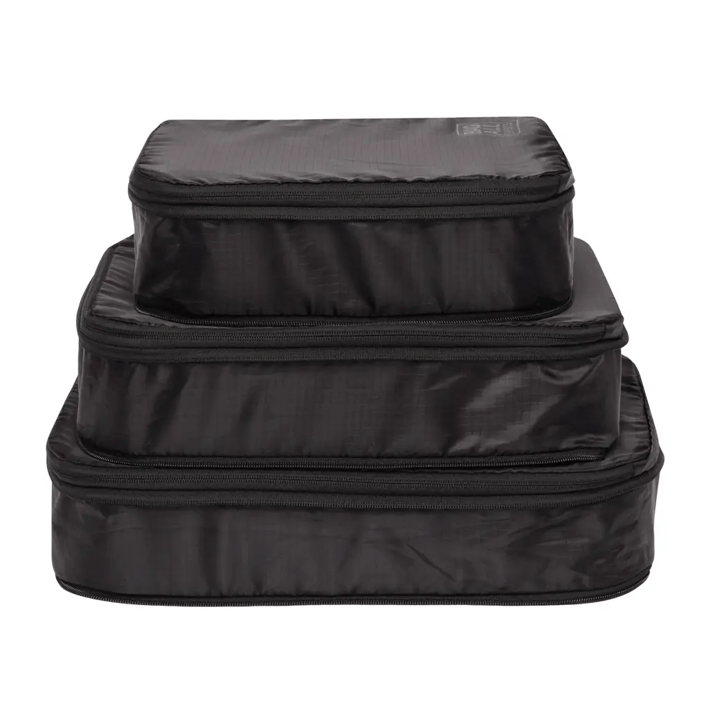 Bag-all Compression Cubes & Packing Bags Set in black recycled nylon, featuring three stackable cubes for efficient travel organization and space-saving storage