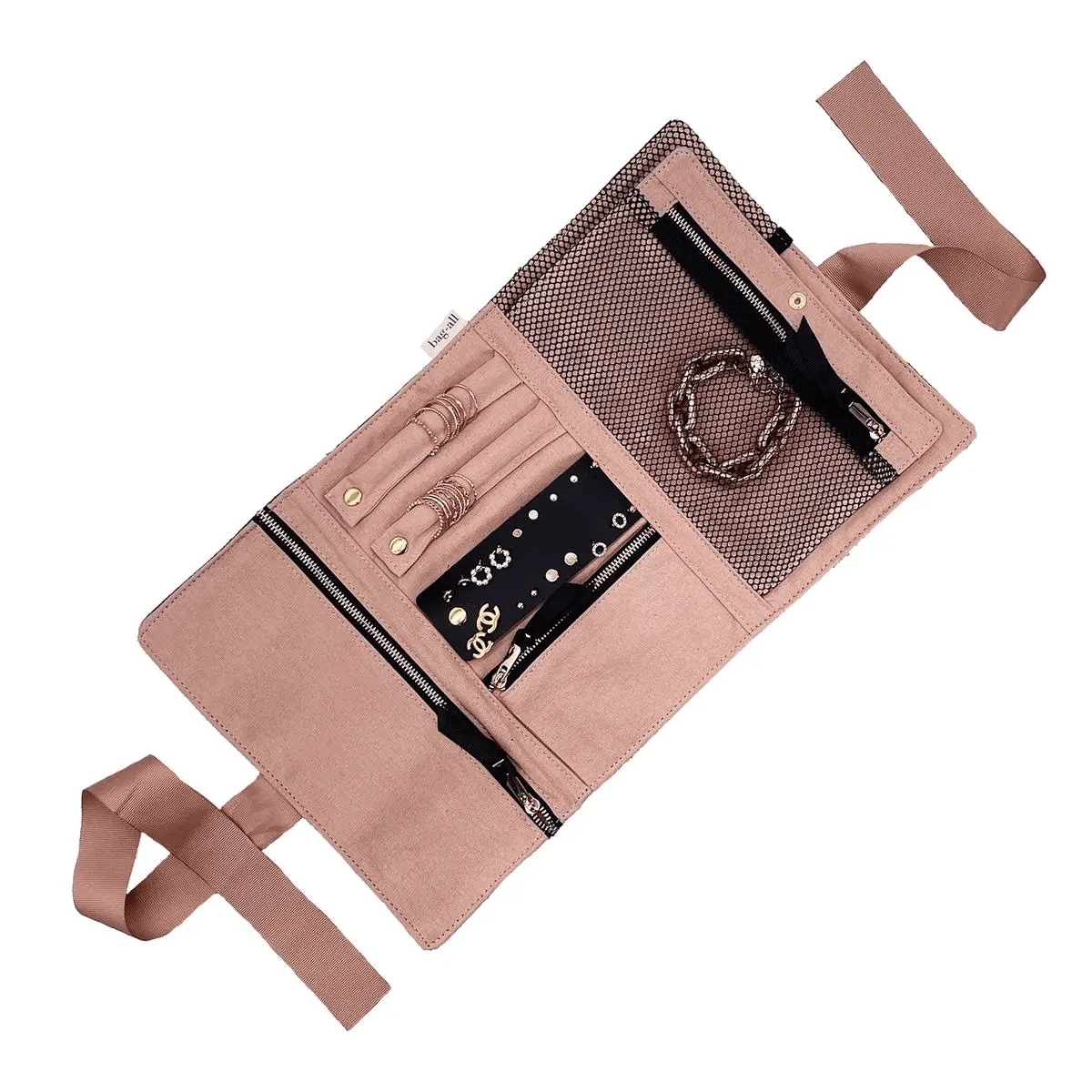 Bag-all Large Jewelry Roll Travel Pouch in pink, featuring multiple compartments, mesh pocket, and secure straps for necklaces, bracelets, and rings. Elegant organizer for jewelry storage.