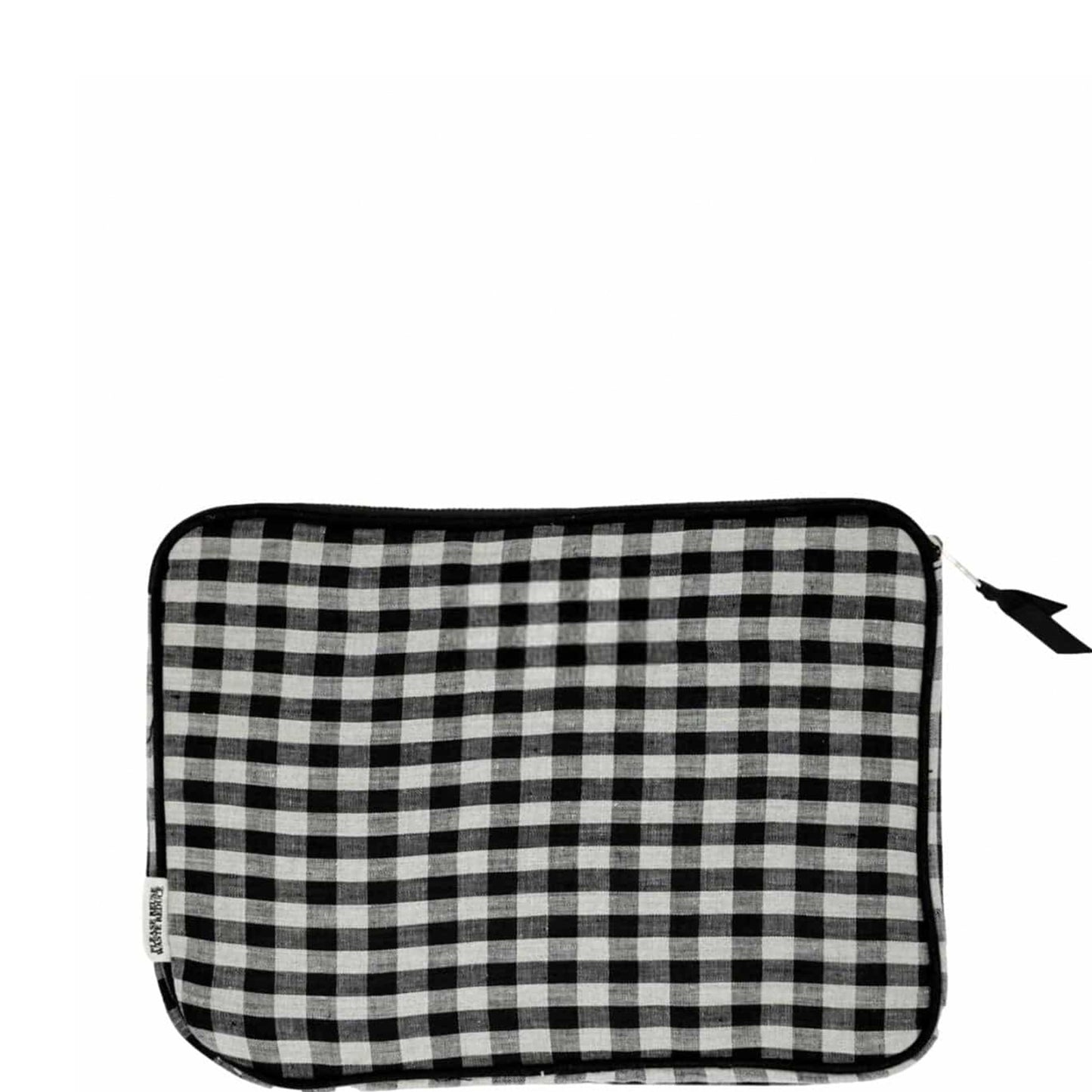 Bag-all 13" Laptop Case in black and white gingham pattern with charger pocket, padded interior and gold zipper - stylish protective sleeve for computers
