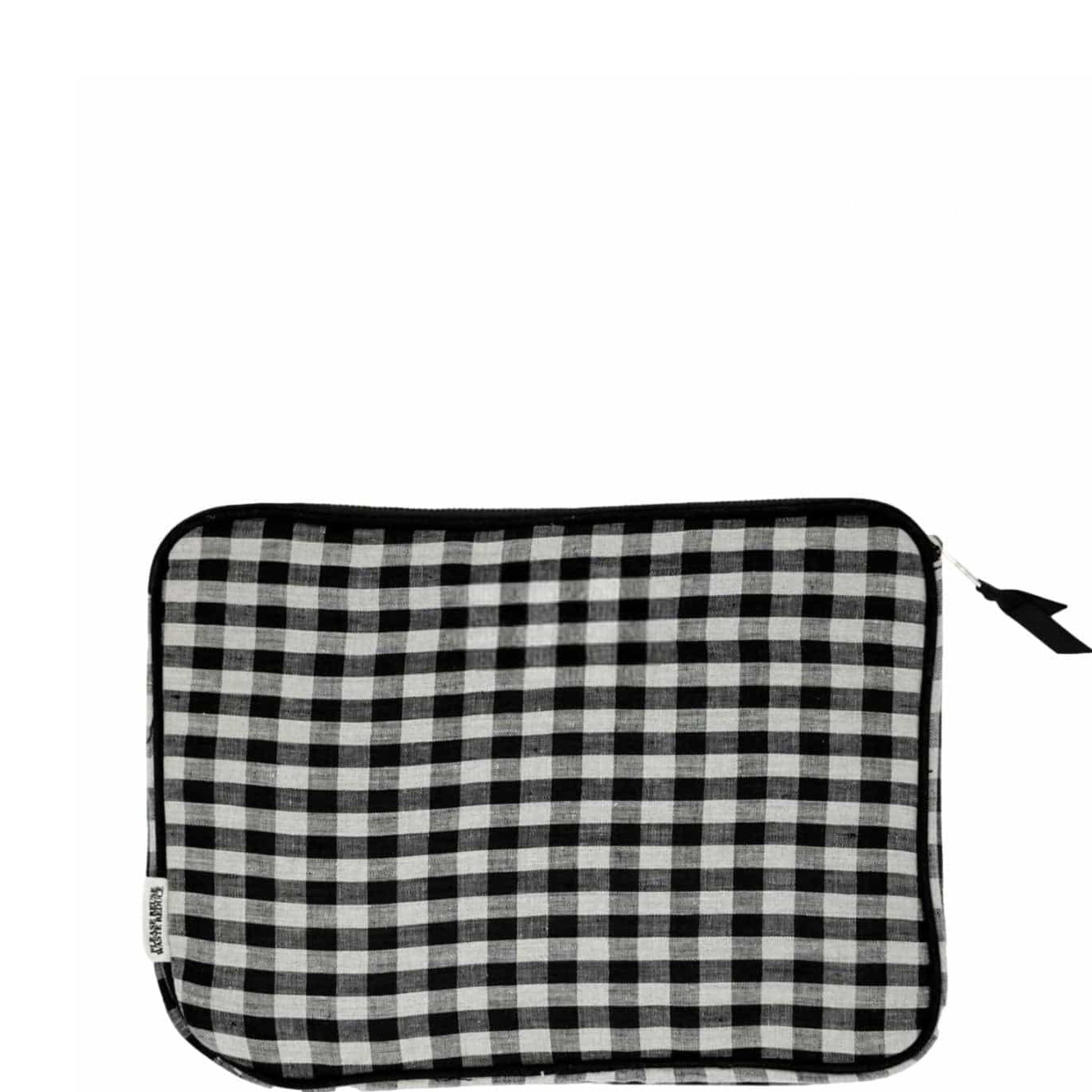 Bag-all 13" Laptop Case in black and white gingham pattern with charger pocket, padded interior and gold zipper - stylish protective sleeve for computers