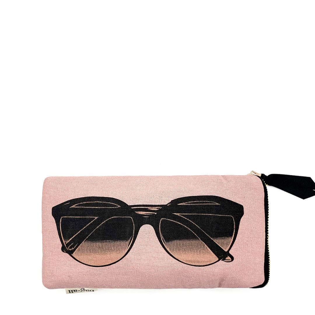 Bag-all Stylish Beach Essential Set featuring pink sunglasses case with black graphic print, part of 3-pack waterproof beach organizer collection in blush tones