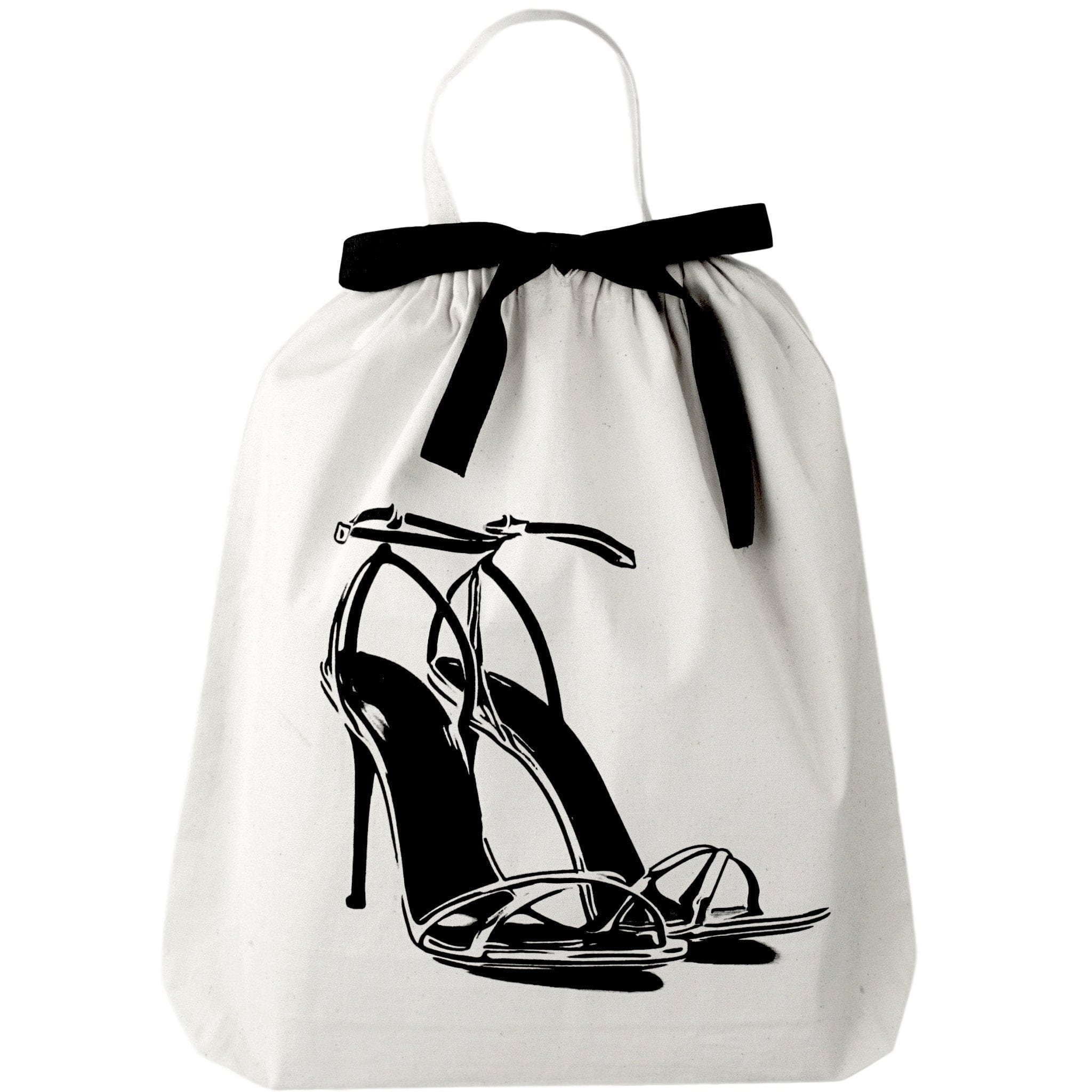 Bag-all Shoe Bags Set in cream cotton featuring black high heel sandal illustration, elegant black bow tie closure, perfect for stylish travel organization