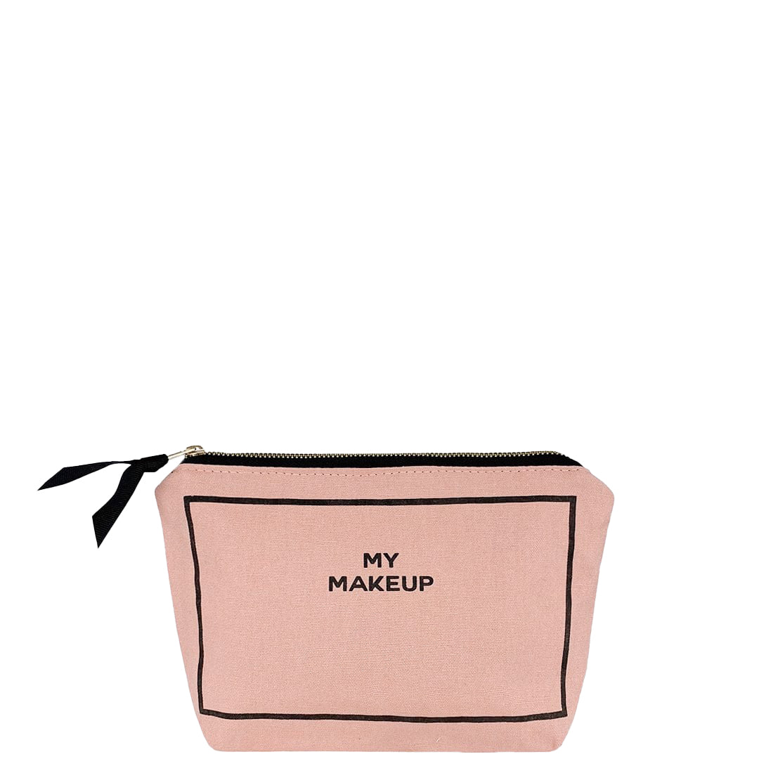 Bag-all My Makeup Pouch in blush pink with black text, coated lining and gold zipper - stylish cosmetic organizer with water-resistant interior