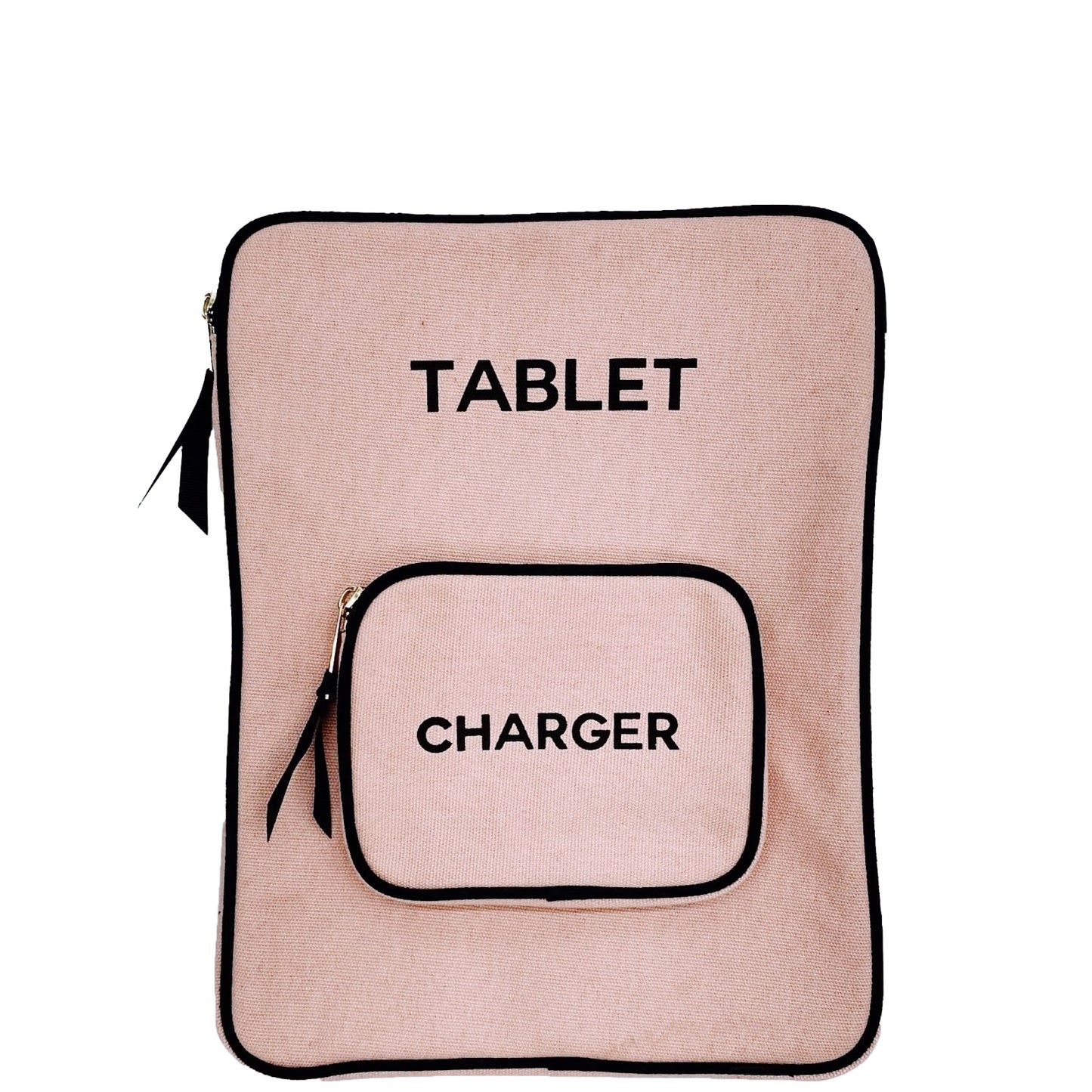 Bag-all Pink Tablet Case 11" with Charger Pocket featuring padded cotton design, black trim, front storage compartment, and zipper closure for device protection
