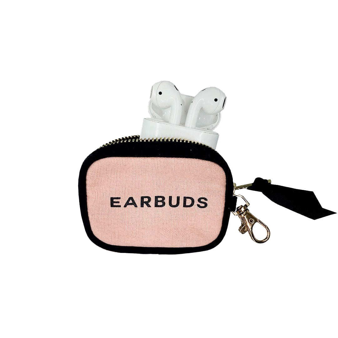 Bag-all Earbuds Case in blush pink cotton with gold clasp, black trim and zipper closure, featuring 'EARBUDS' text, designed to protect and carry AirPods or wireless earphones