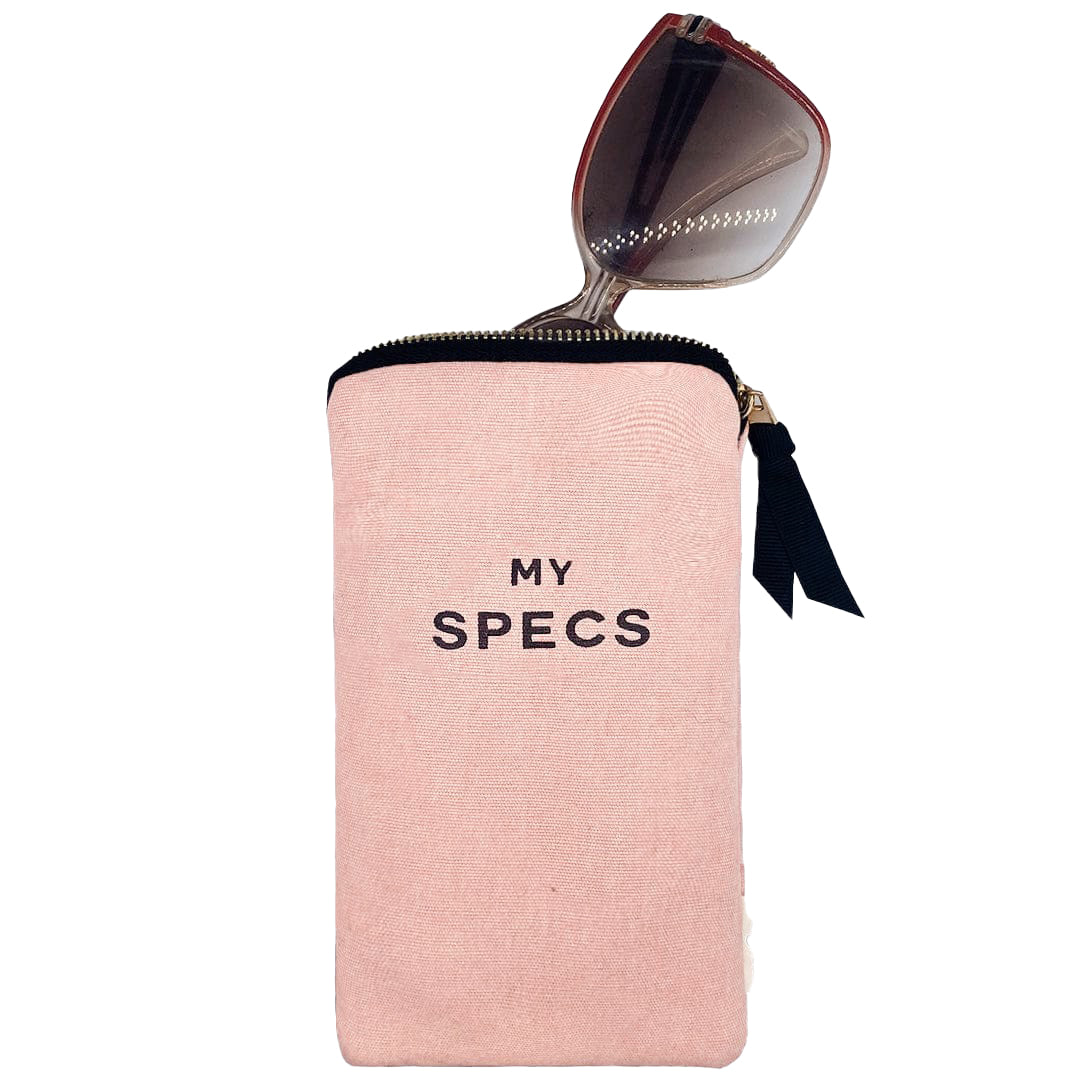 Bag-all My Specs Glasses Case in blush pink cotton with external pocket, gold zipper, and black lettering, shown with sunglasses. Perfect for eyewear protection and storage.