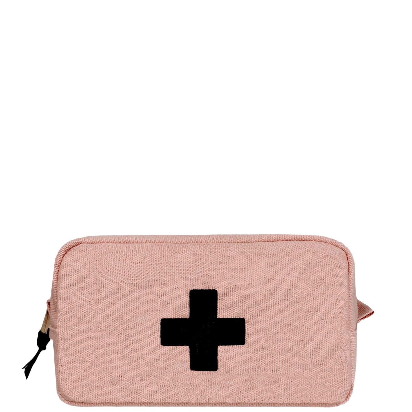 Bag-all First Aid Organizing Pouch in blush pink cotton with black cross emblem, zipper closure and laminated interior, perfect for organizing medical essentials